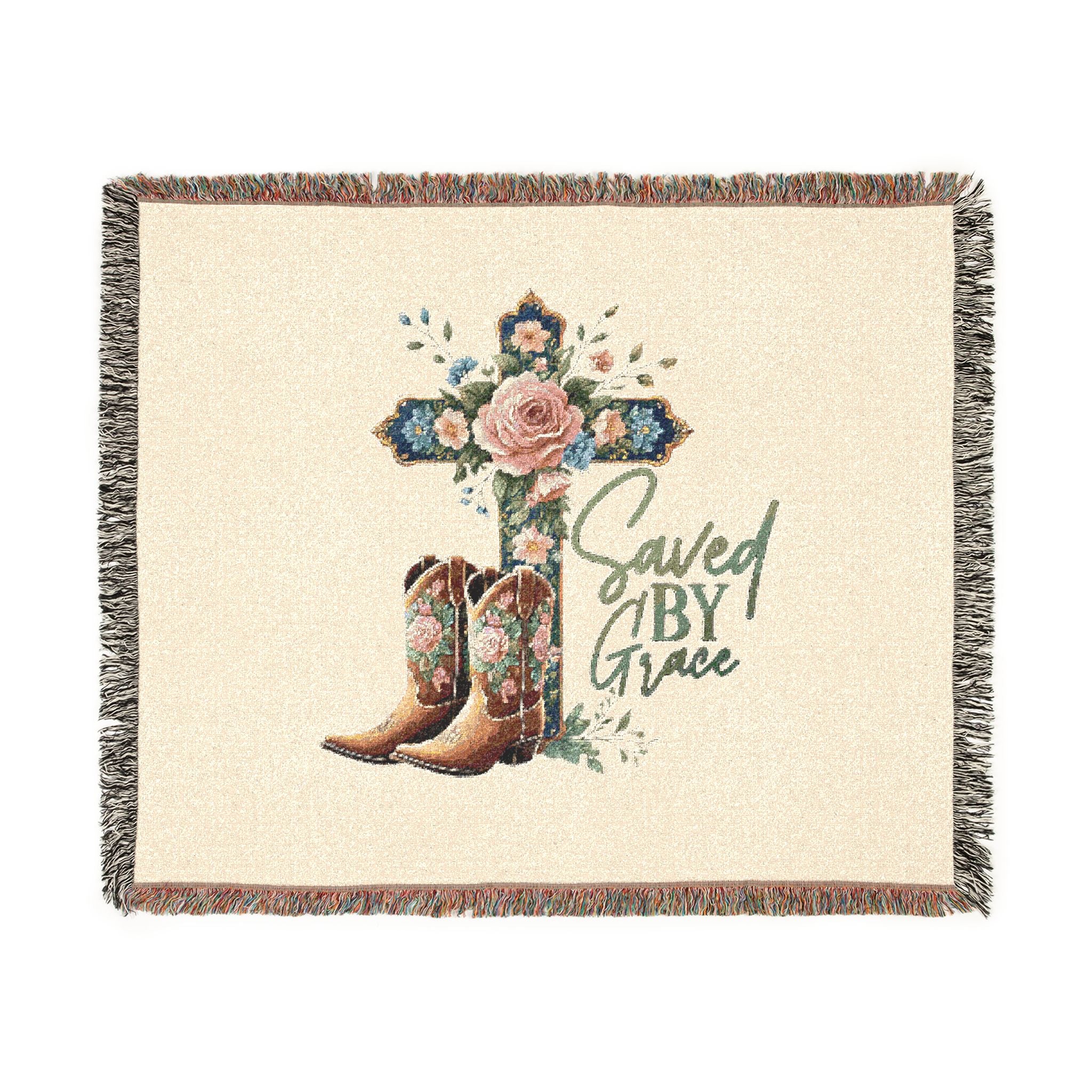 Saved By Grace Woven Blanket — Floral Cross & Cowboy Boots Throw