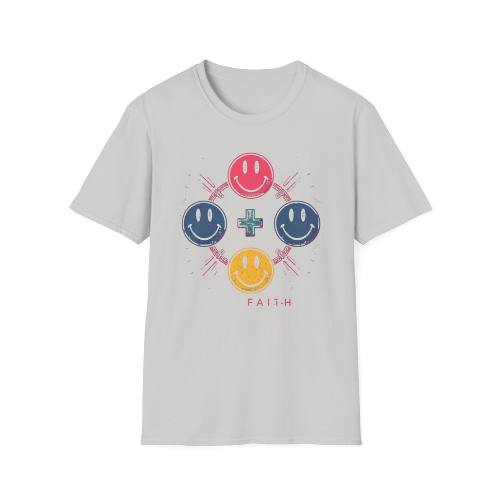 Faith Smiley Cross T-Shirt — Colorful Retro Smile Faces Graphic Tee