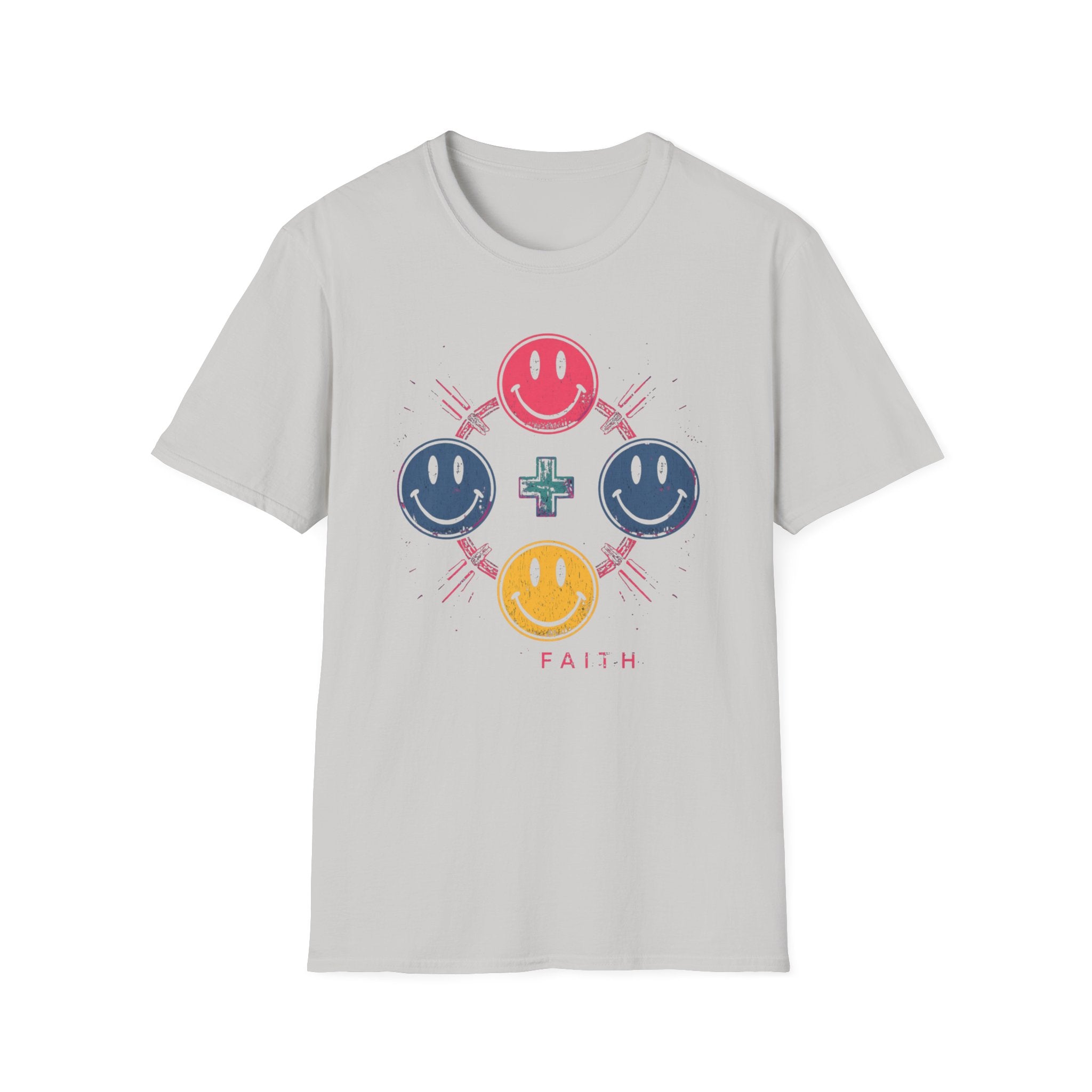 Faith Smiley Cross T-Shirt — Colorful Retro Smile Faces Graphic Tee