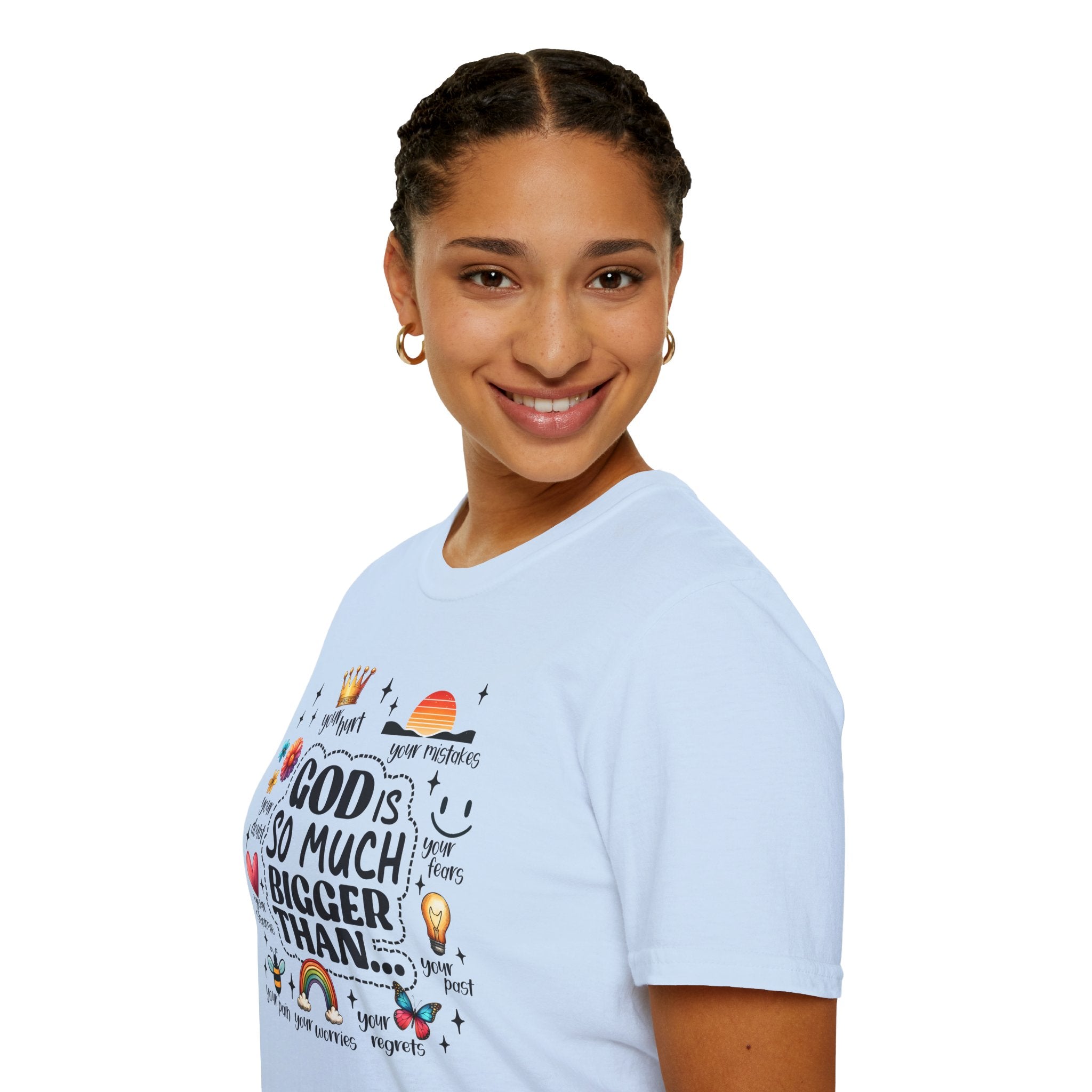 God Is So Much Bigger Than… T‑Shirt — Inspirational Christian Faith Tee with Cute Icons