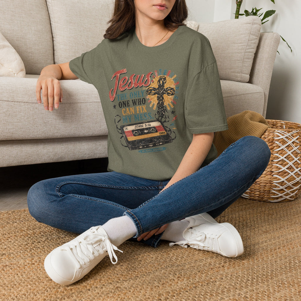 Jesus Is The Only One Who Can Fix My Mess T-Shirt — Christian Vintage Cassette Graphic Tee