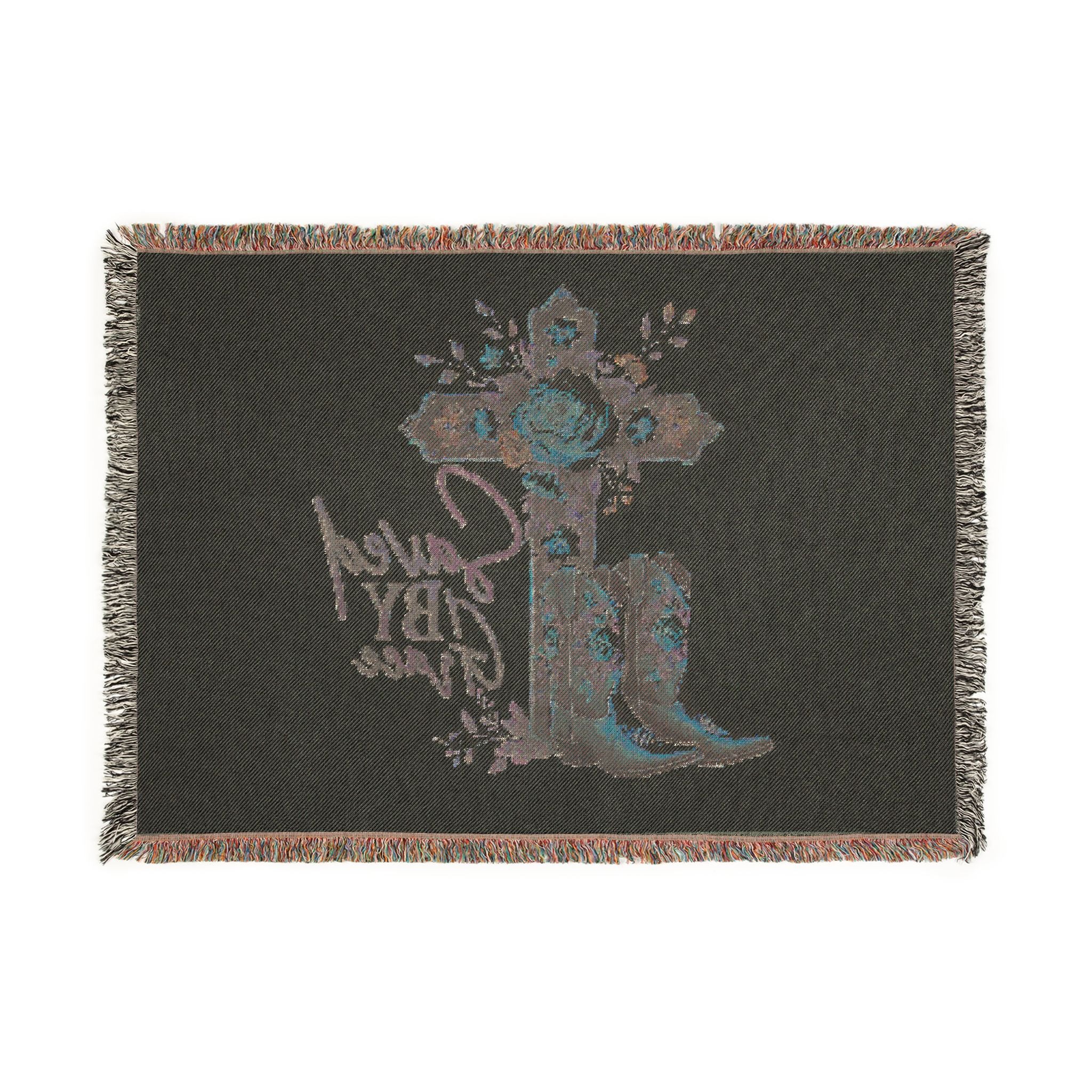 Saved By Grace Woven Blanket — Floral Cross & Cowboy Boots Throw