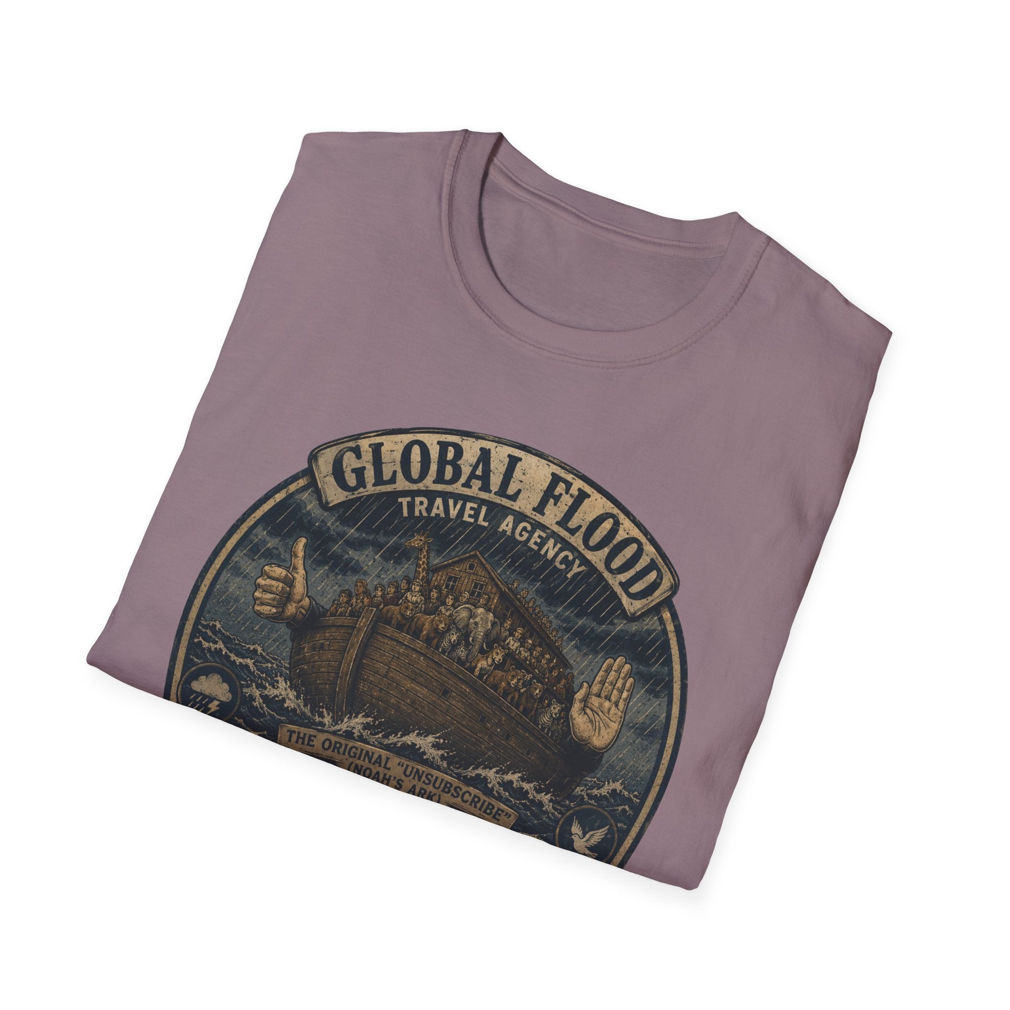 Global Flood Travel Badge T-Shirt – Vintage Ark Graphic Tee ("Unsubscribe from Humanity")