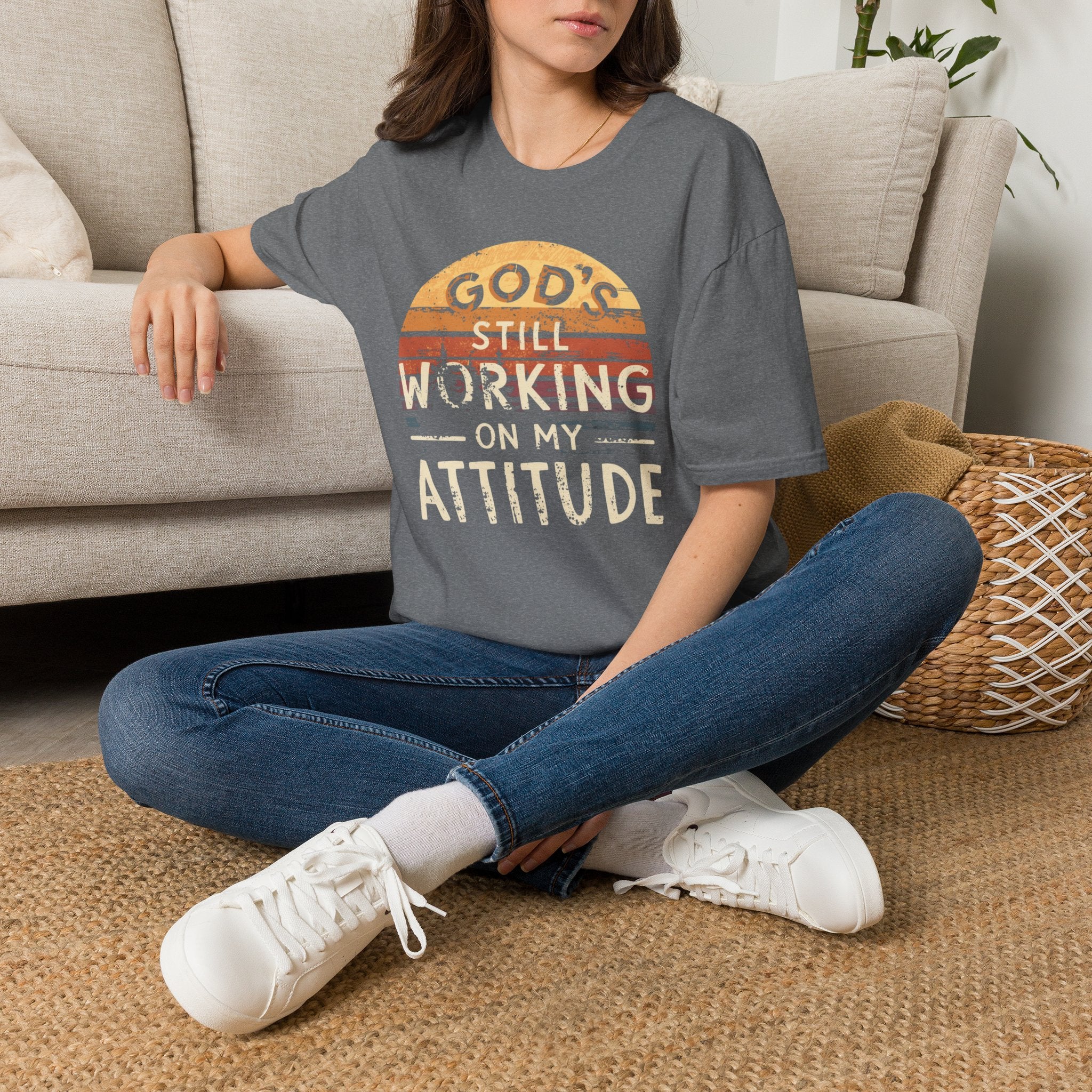 Christian T-Shirt — "God’s Still Working on My Attitude" Retro Sun Graphic