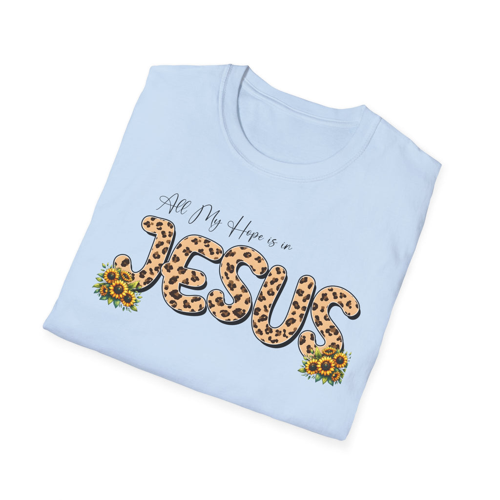 Jesus Leopard Print T-Shirt — "All My Hope Is In Jesus" Floral Faith Tee