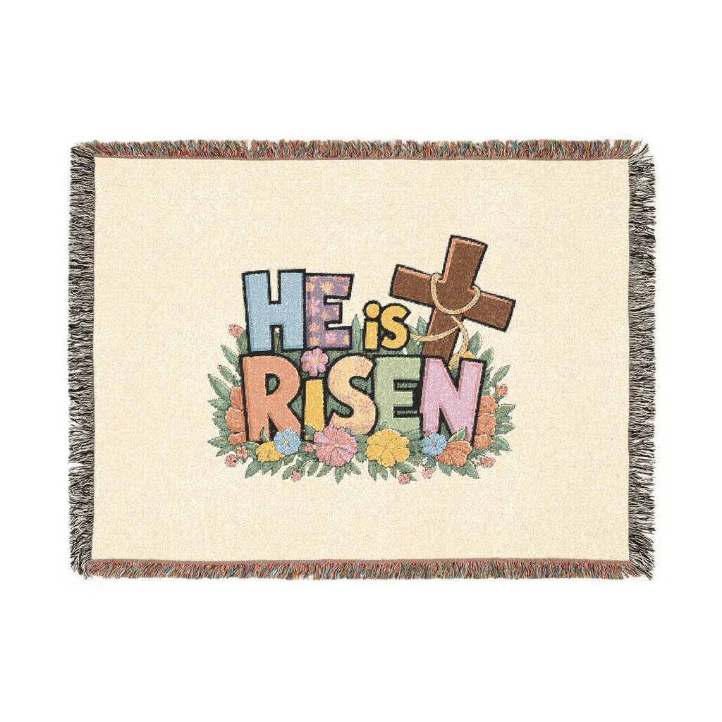 He Is Risen Woven Blanket — Easter Cross Floral Throw