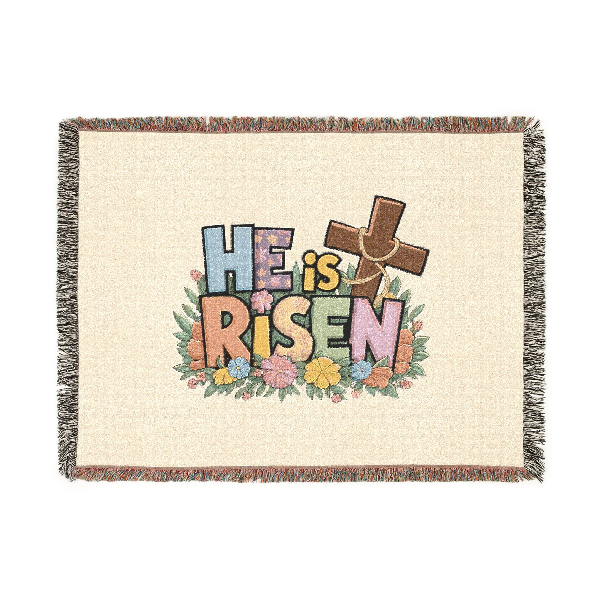 He Is Risen Woven Blanket — Easter Cross Floral Throw