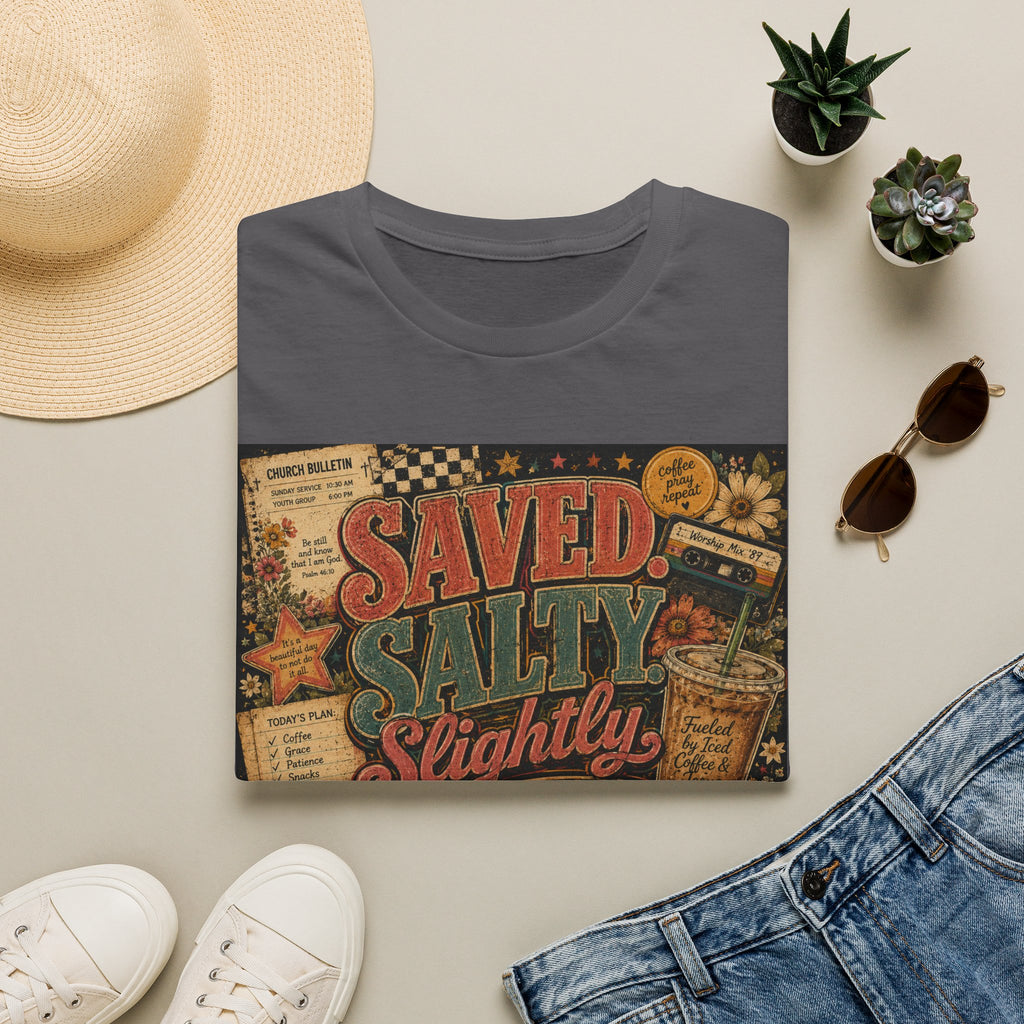 Saved Salty Slightly Overstimulated T-Shirt — Vintage Coastal Christian Graphic Tee