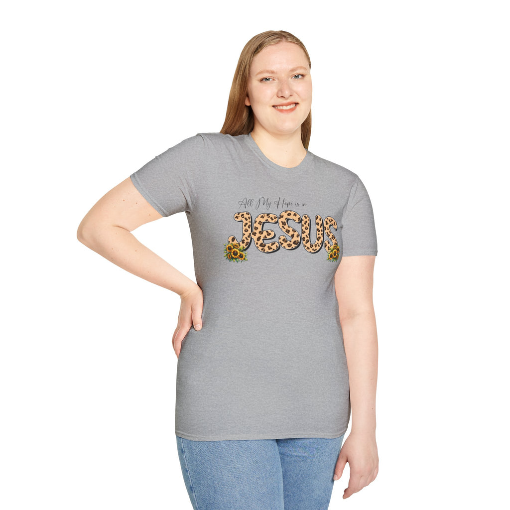 Jesus Leopard Print T-Shirt — "All My Hope Is In Jesus" Floral Faith Tee