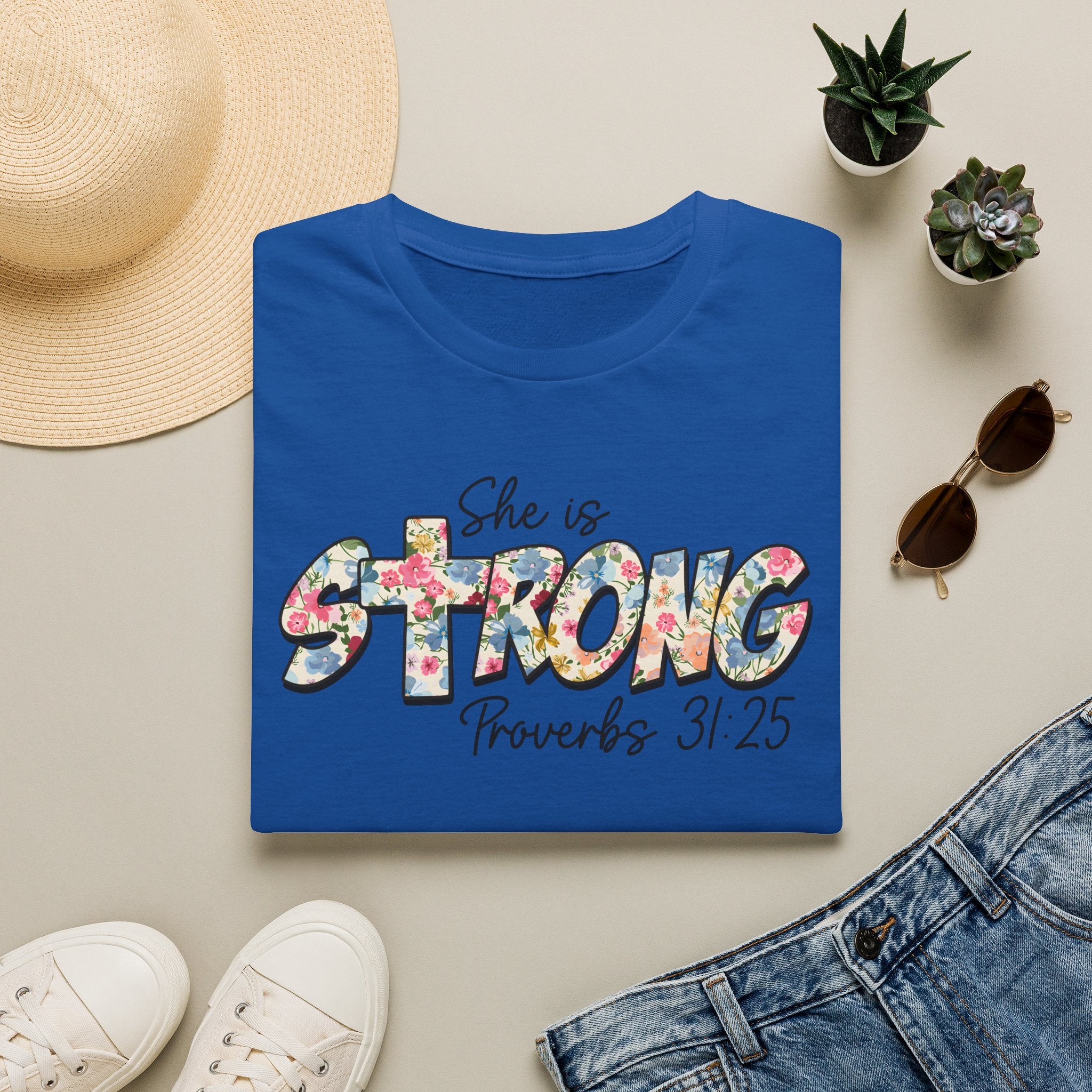 She Is Strong Floral T‑Shirt — Proverbs 31:25 Inspirational Women’s Tee