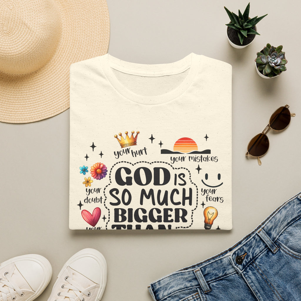 God Is So Much Bigger Than… T‑Shirt — Inspirational Christian Faith Tee with Cute Icons