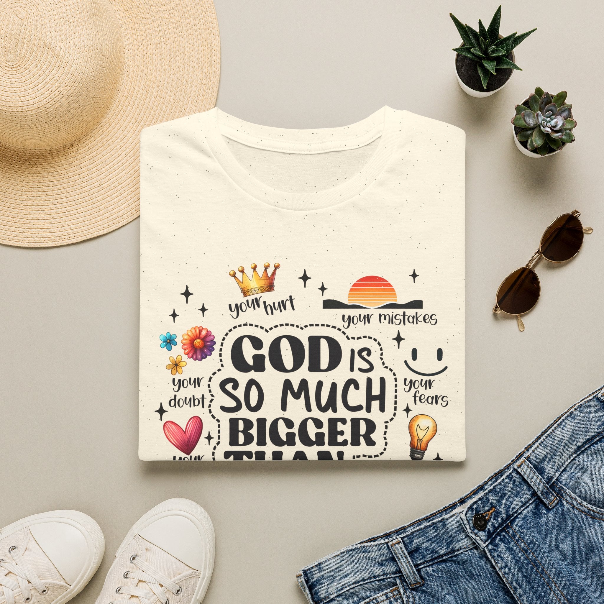 God Is So Much Bigger Than… T‑Shirt — Inspirational Christian Faith Tee with Cute Icons