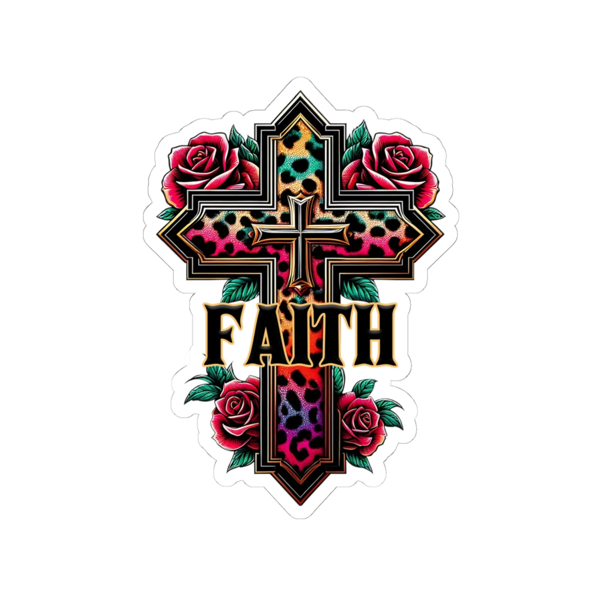 Faith Leopard Cross Kiss-Cut Sticker — Floral Rose Christian Decal