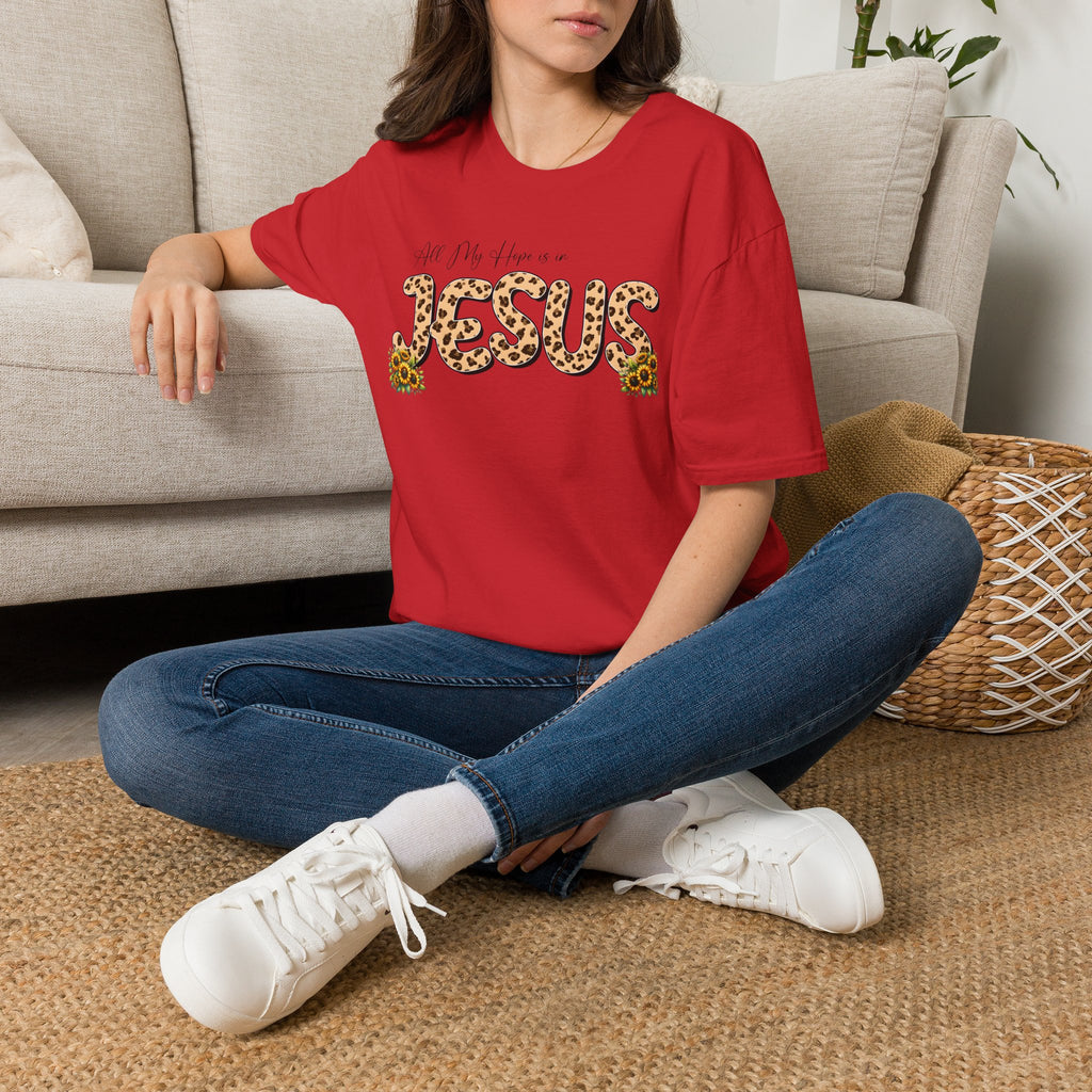 Jesus Leopard Print T-Shirt — "All My Hope Is In Jesus" Floral Faith Tee