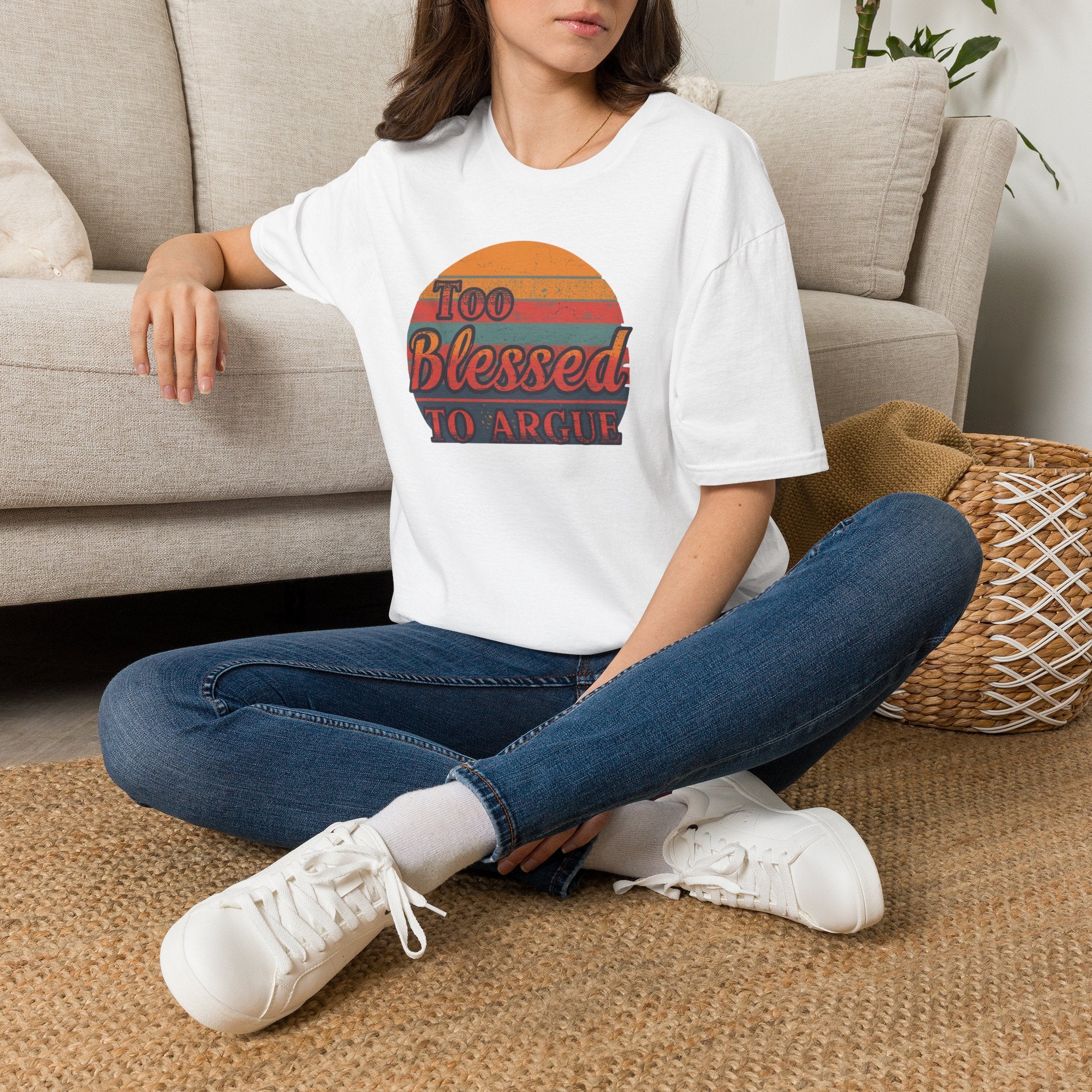 Too Blessed To Argue T-Shirt — Retro Sunset Faith Graphic Tee