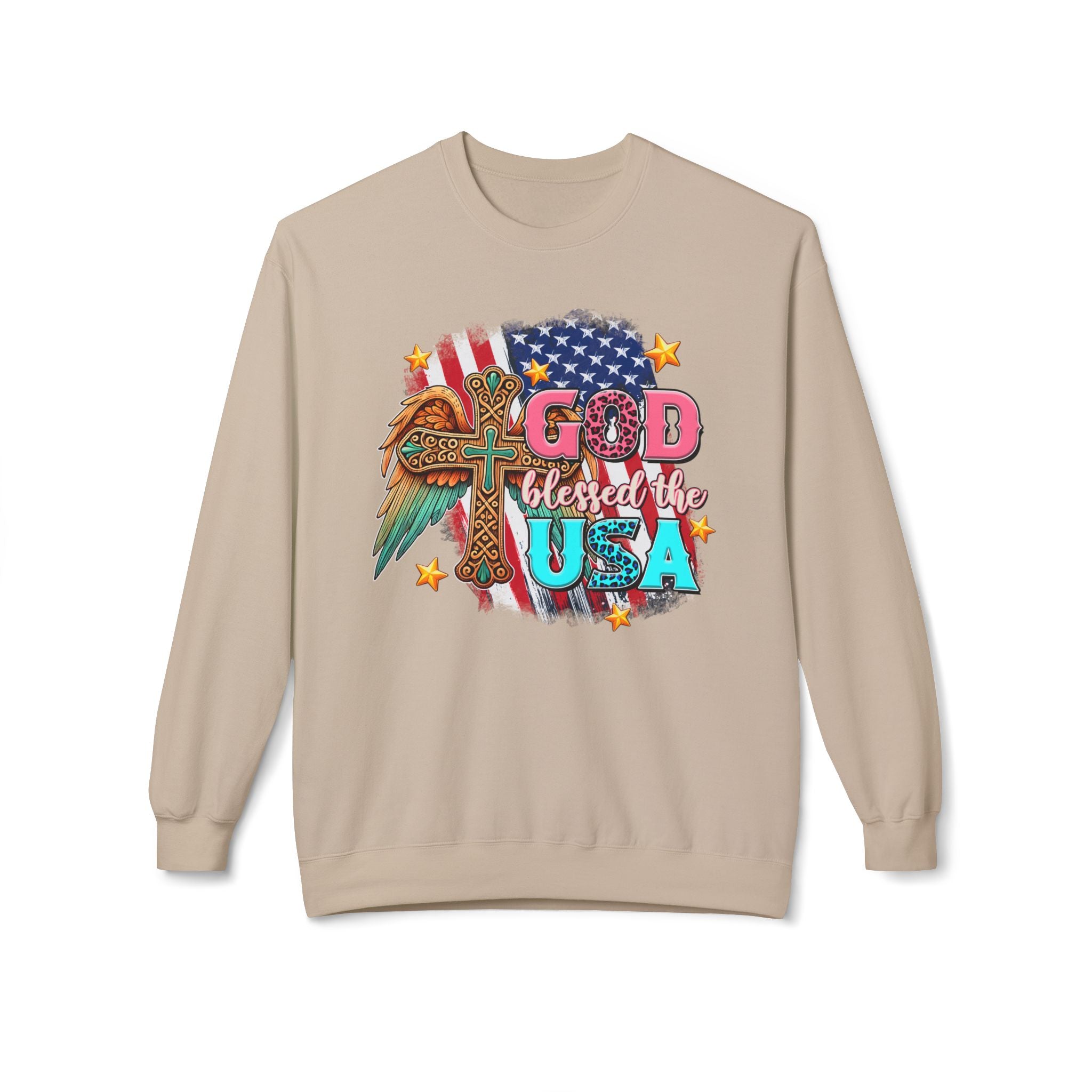 God Blessed the USA Crewneck Sweatshirt — Patriotic Christian American Flag Design