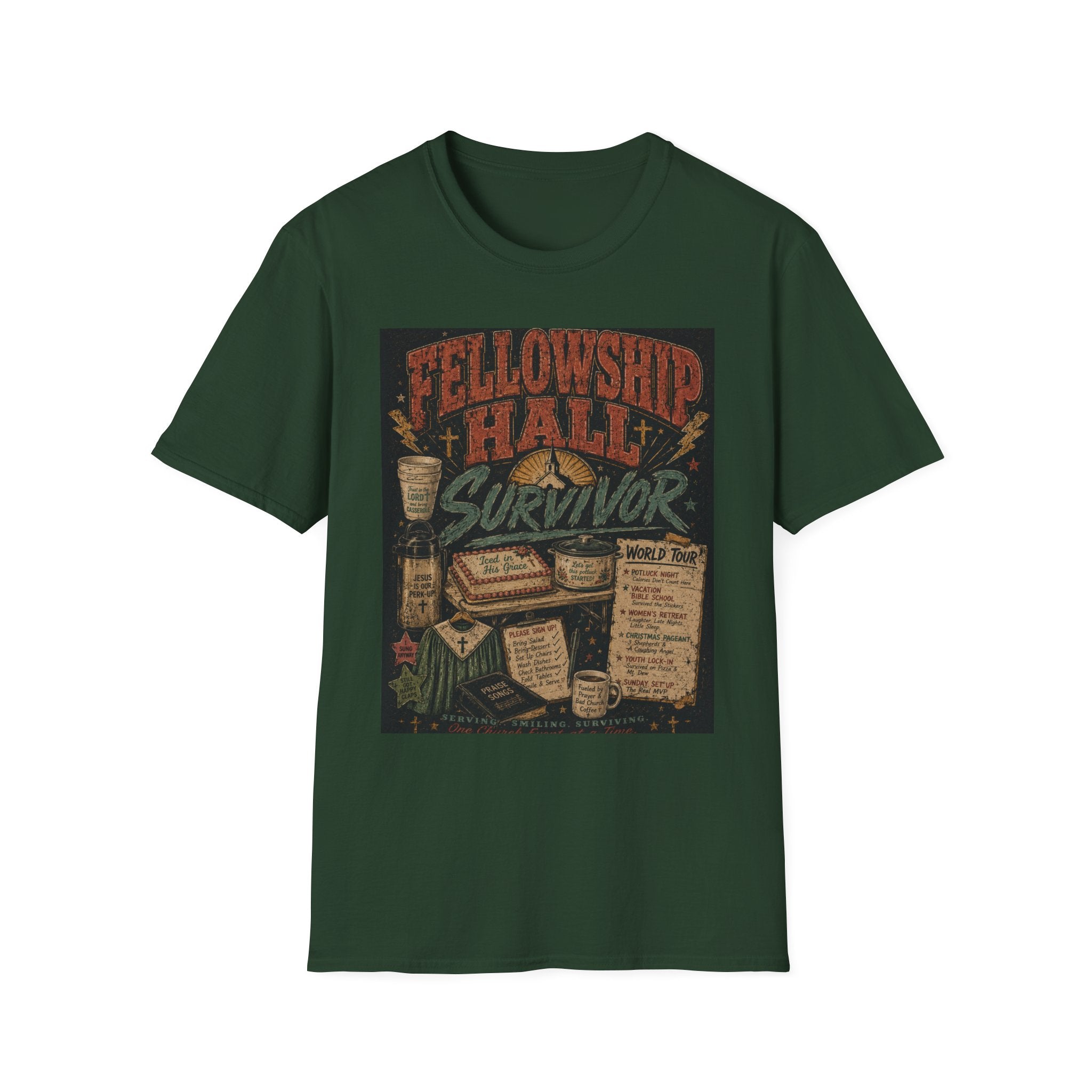 Fellowship Hall Survivor | Funny Church Life Graphic T-Shirt