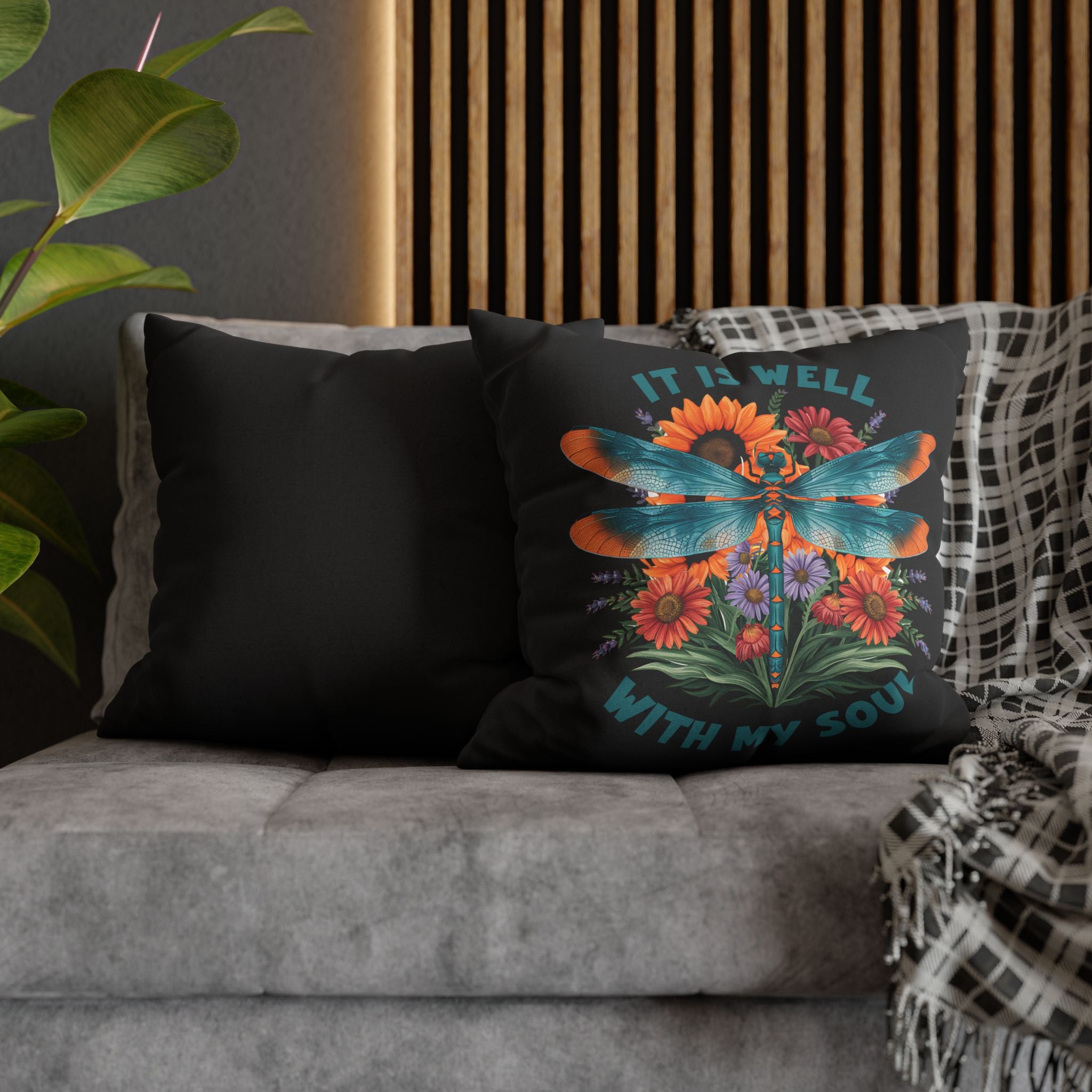 Dragonfly Floral Pillowcase — "It Is Well With My Soul" Decorative Throw Pillow Cover
