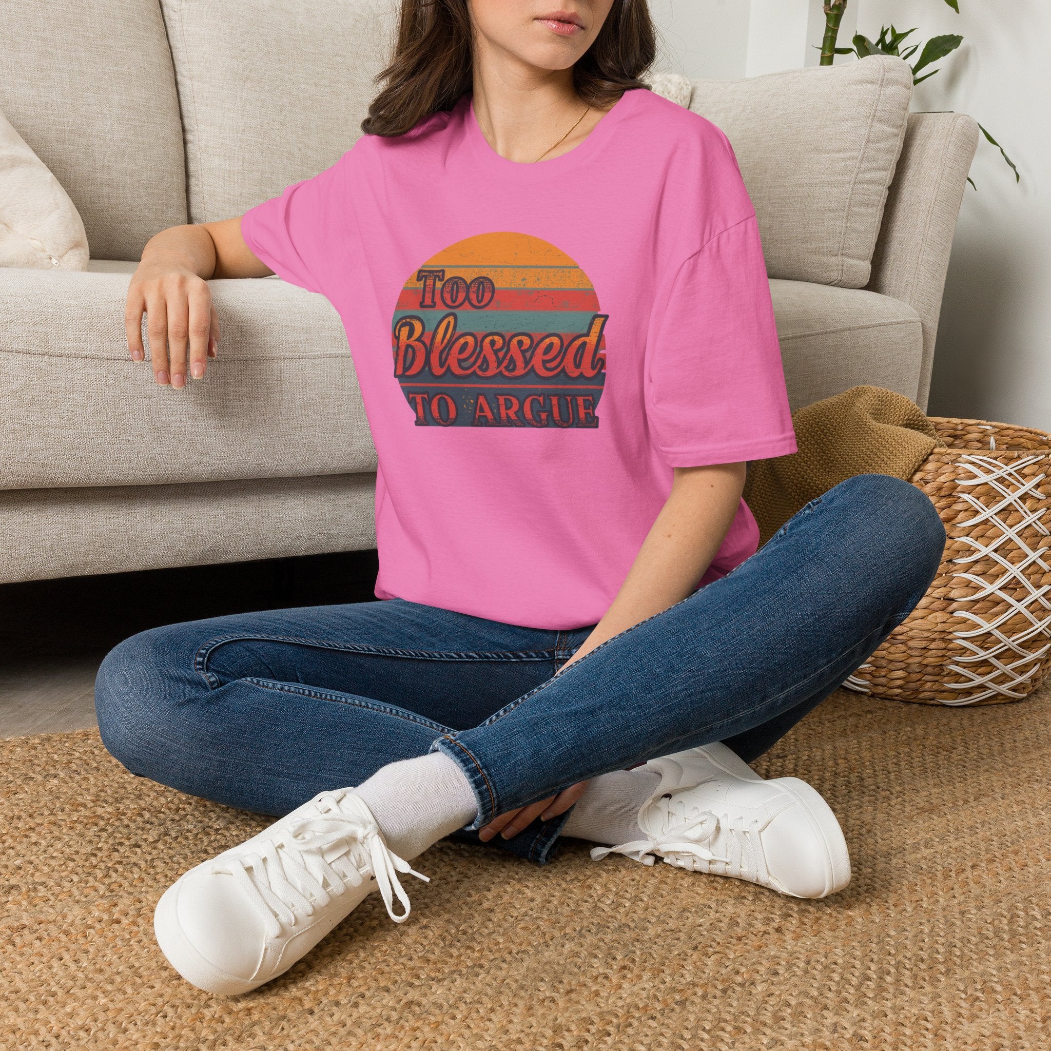 Too Blessed To Argue T-Shirt — Retro Sunset Faith Graphic Tee