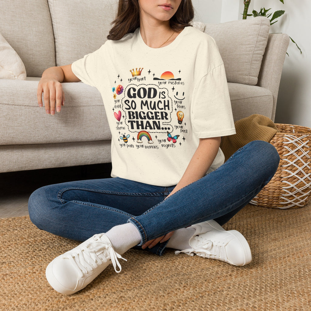 God Is So Much Bigger Than… T‑Shirt — Inspirational Christian Faith Tee with Cute Icons
