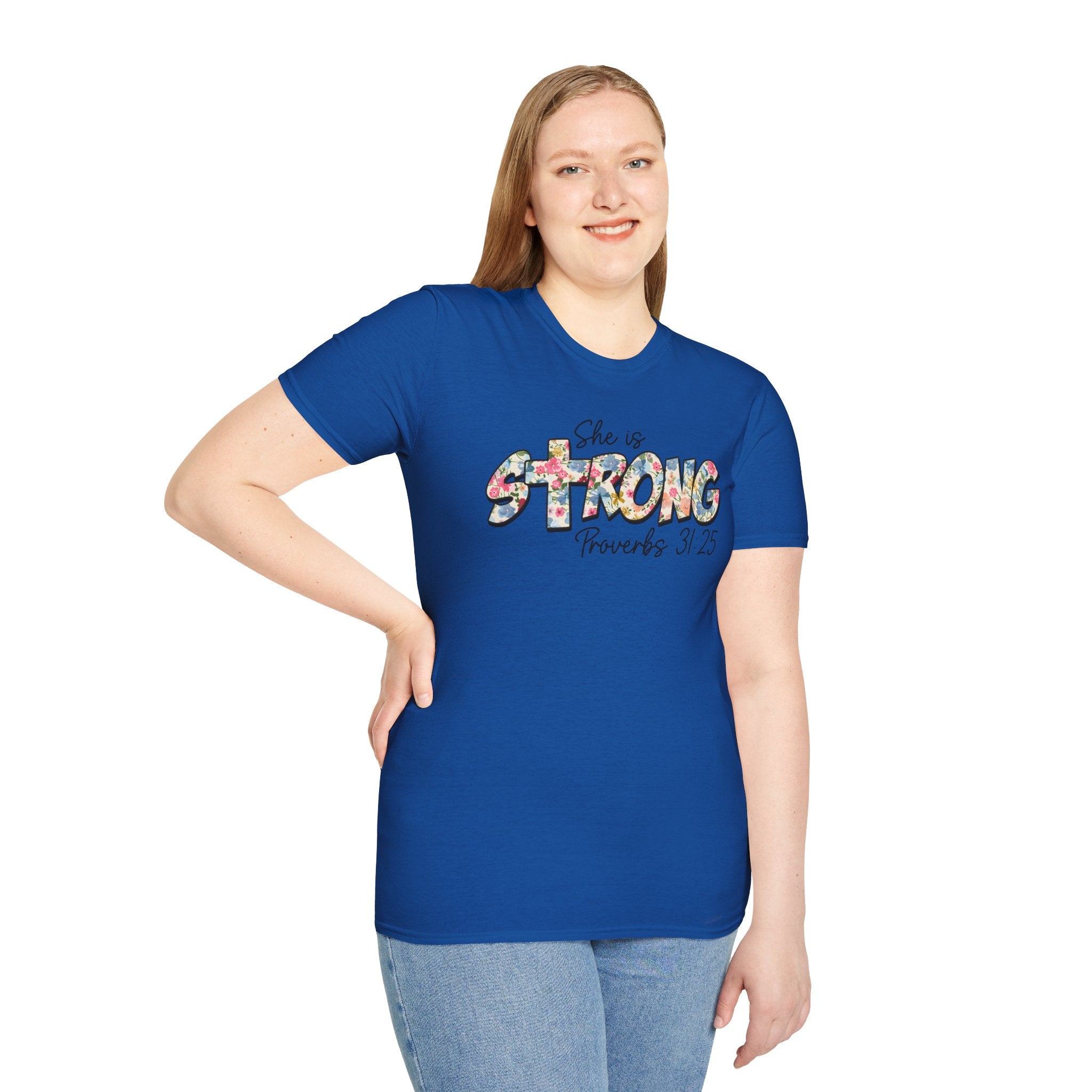 She Is Strong Floral T‑Shirt — Proverbs 31:25 Inspirational Women’s Tee