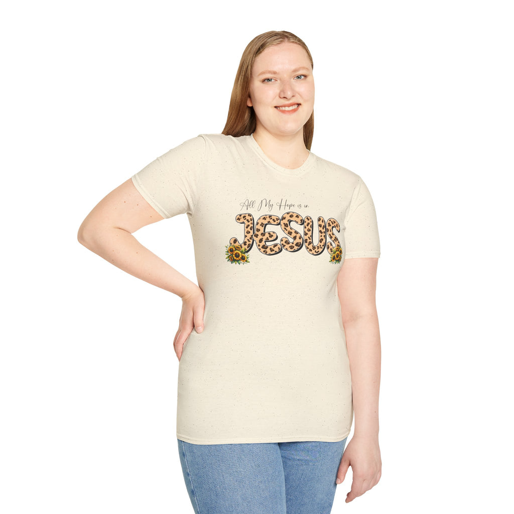 Jesus Leopard Print T-Shirt — "All My Hope Is In Jesus" Floral Faith Tee