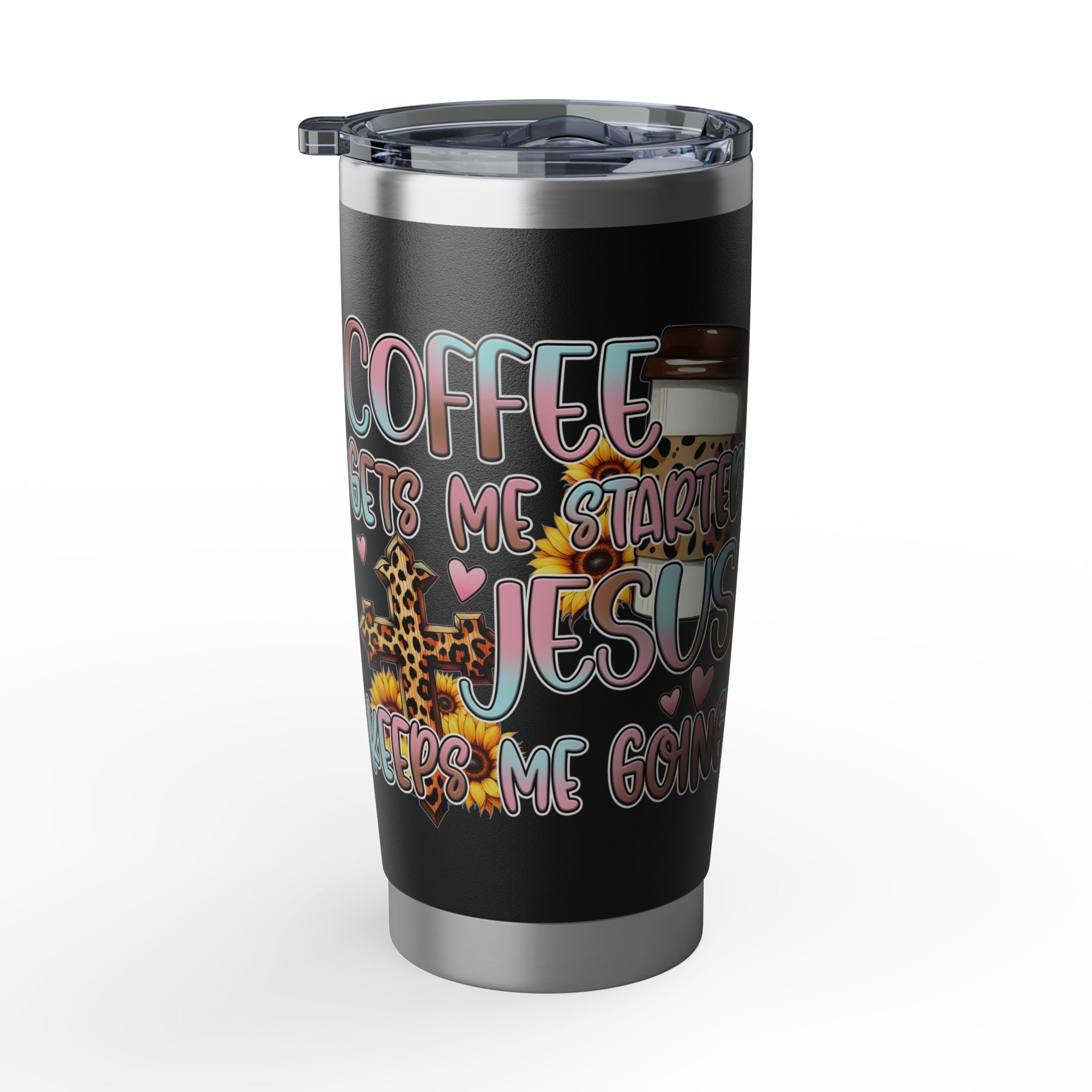 20oz Travel Tumbler — “Coffee Gets Me Through Keeping” Leopard & Coffee Cup Design
