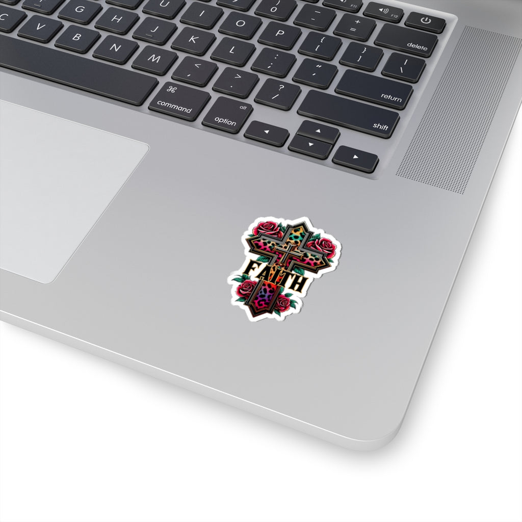 Faith Leopard Cross Kiss-Cut Sticker — Floral Rose Christian Decal