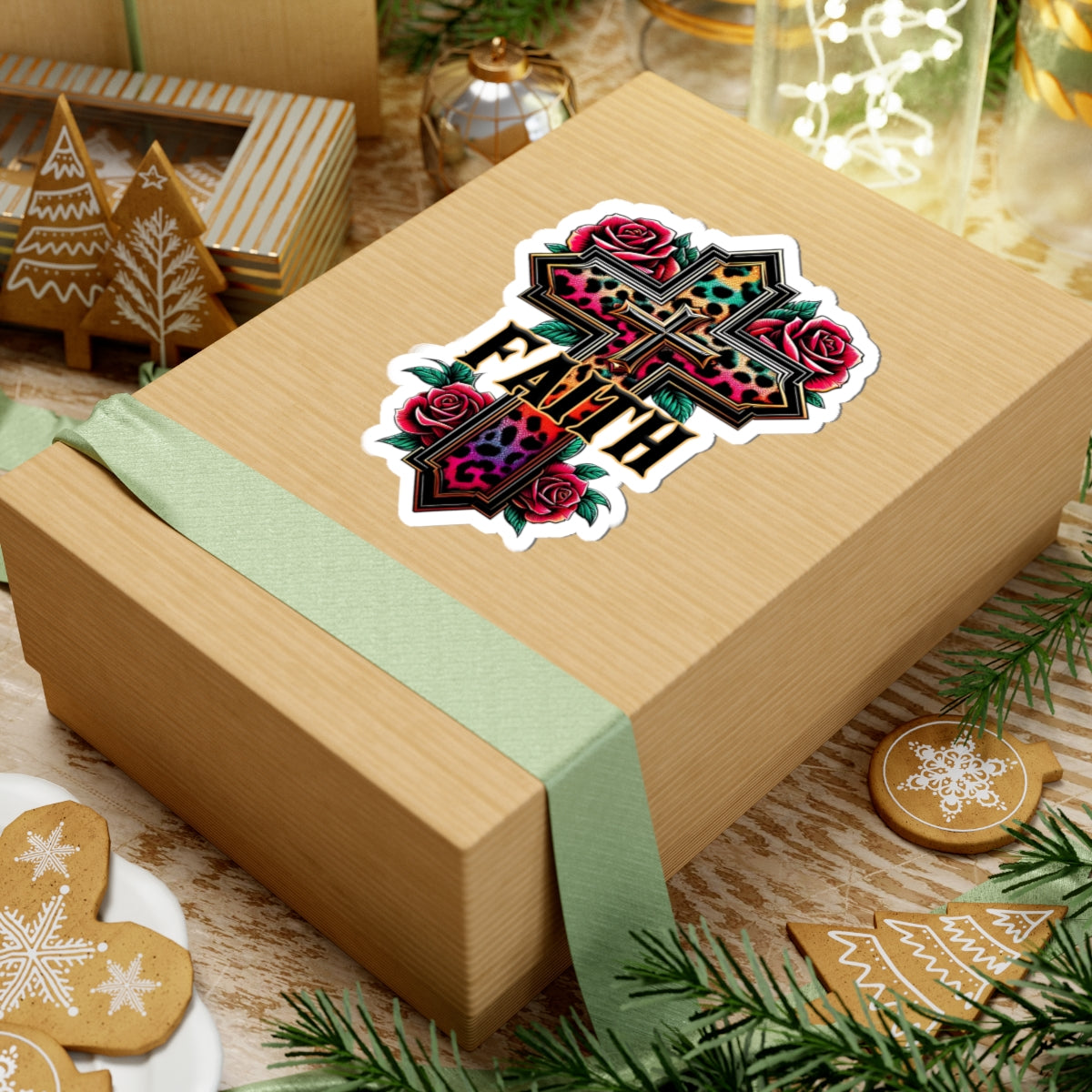 Faith Leopard Cross Kiss-Cut Sticker — Floral Rose Christian Decal