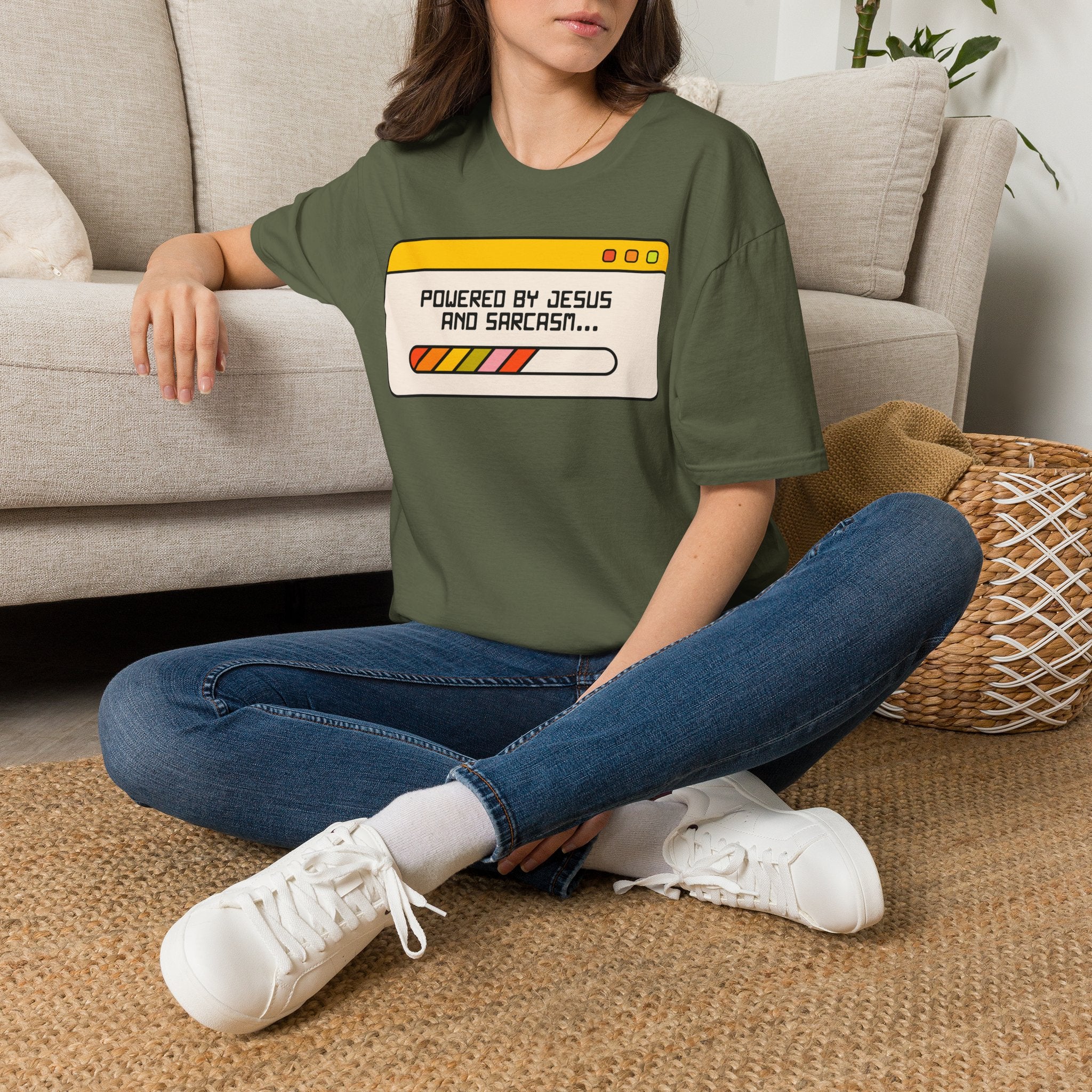 T-Shirt — "Powered by Jesus and Sarcasm" Graphic Tee