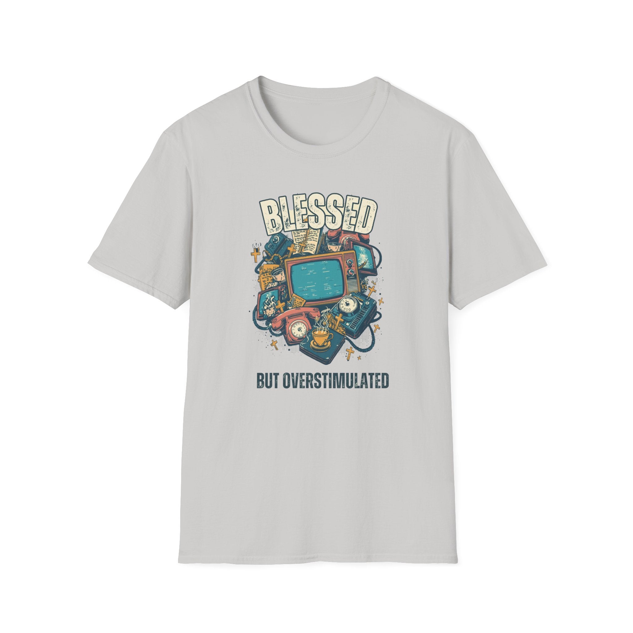 Blessed But Overstimulated T-Shirt — Retro Cozy Graphic Tee for Busy Moms & Millennials