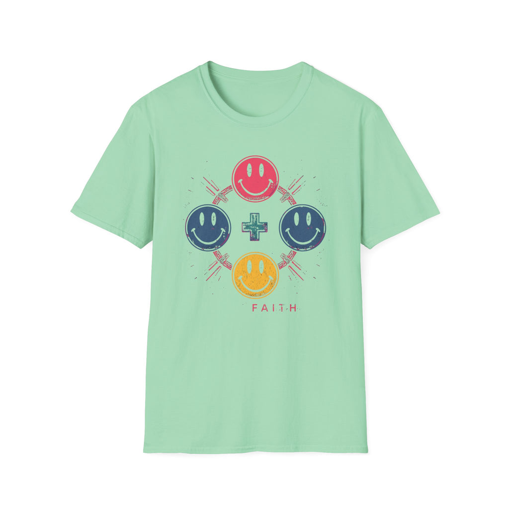 Faith Smiley Cross T-Shirt — Colorful Retro Smile Faces Graphic Tee