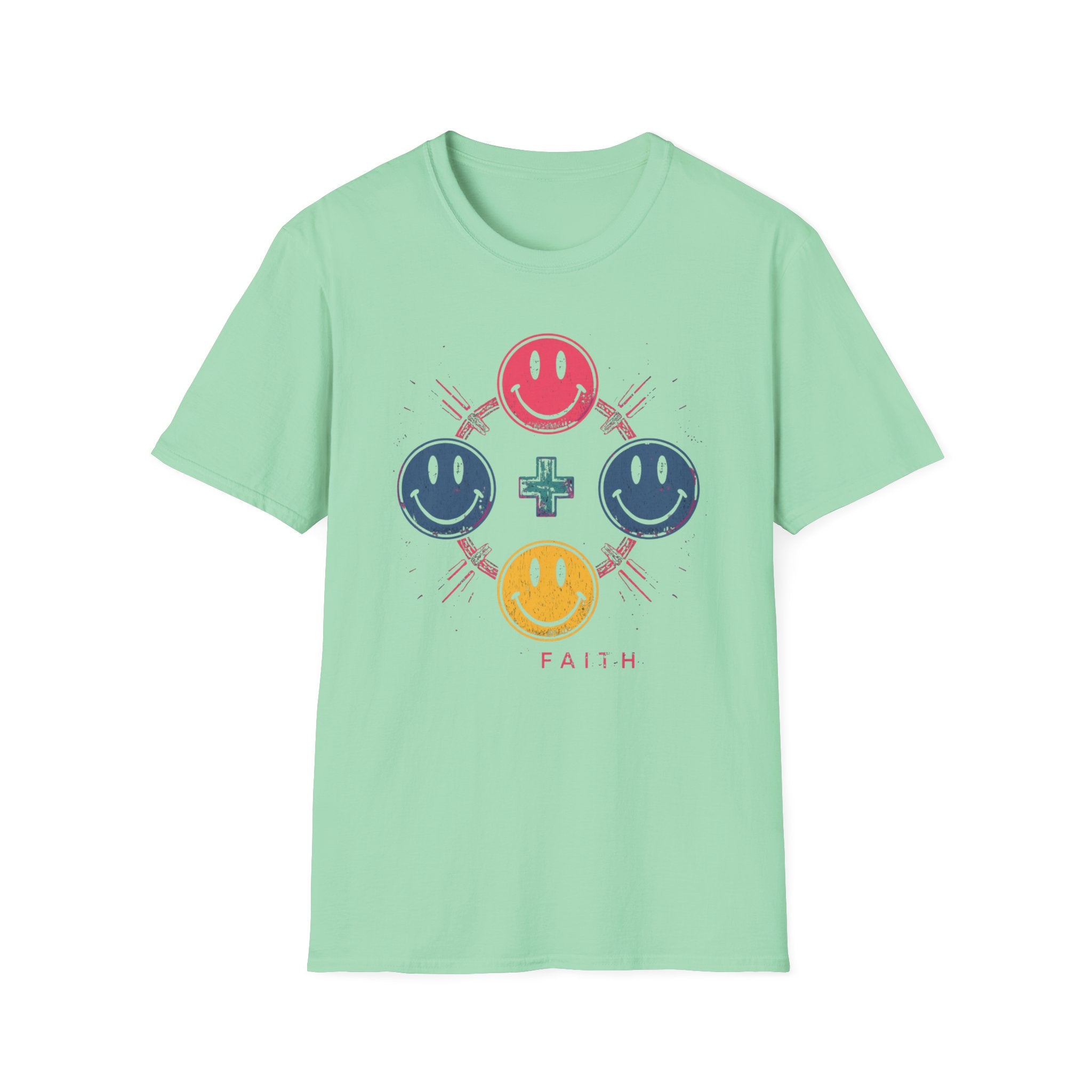 Faith Smiley Cross T-Shirt — Colorful Retro Smile Faces Graphic Tee