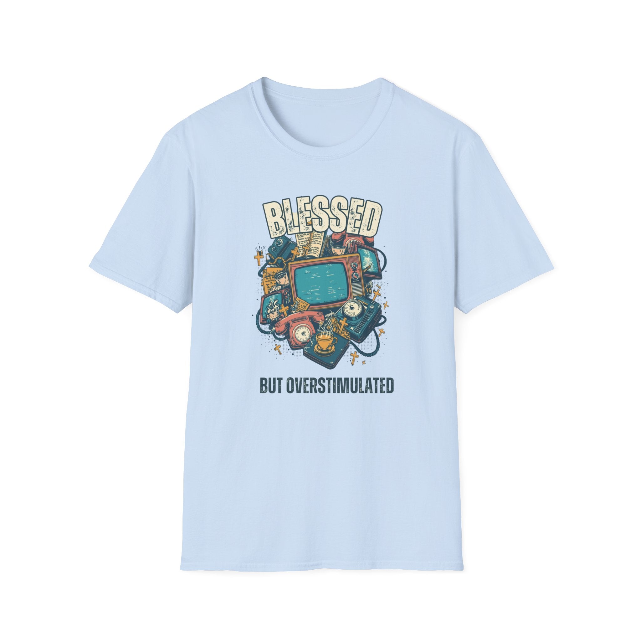 Blessed But Overstimulated T-Shirt — Retro Cozy Graphic Tee for Busy Moms & Millennials