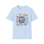 God Is So Much Bigger Than… T‑Shirt — Inspirational Christian Faith Tee with Cute Icons