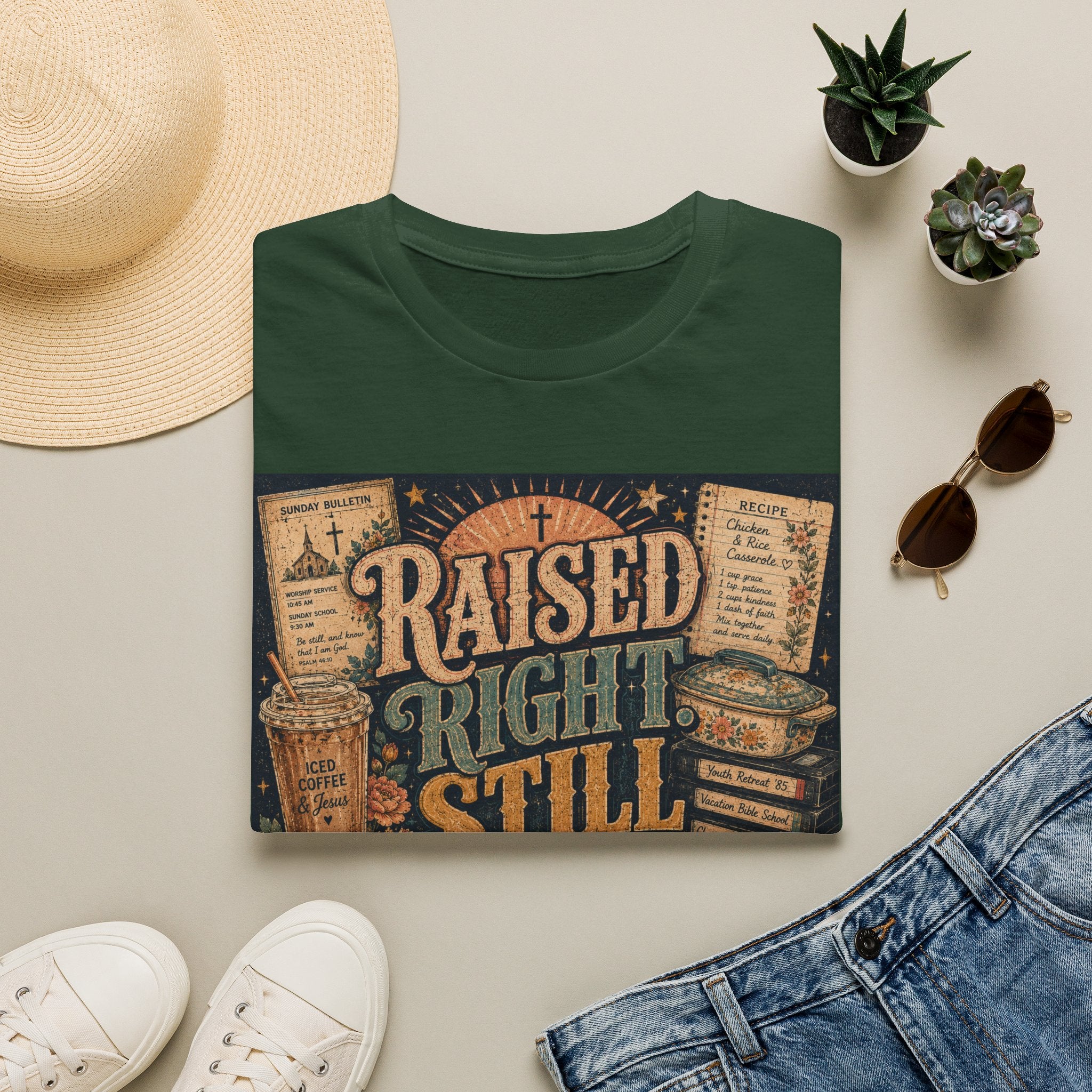 Raised Right Still Tired T-Shirt — Vintage Faith & Humor Christian Tee