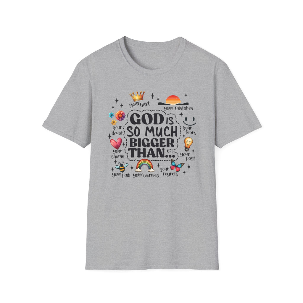 God Is So Much Bigger Than… T‑Shirt — Inspirational Christian Faith Tee with Cute Icons