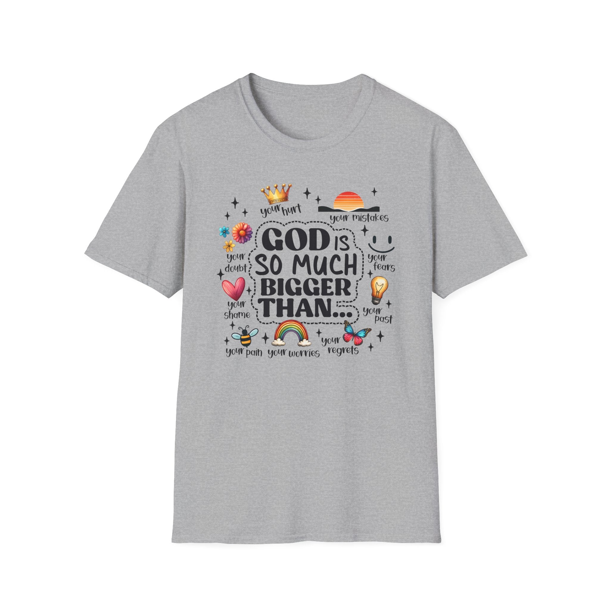 God Is So Much Bigger Than… T‑Shirt — Inspirational Christian Faith Tee with Cute Icons