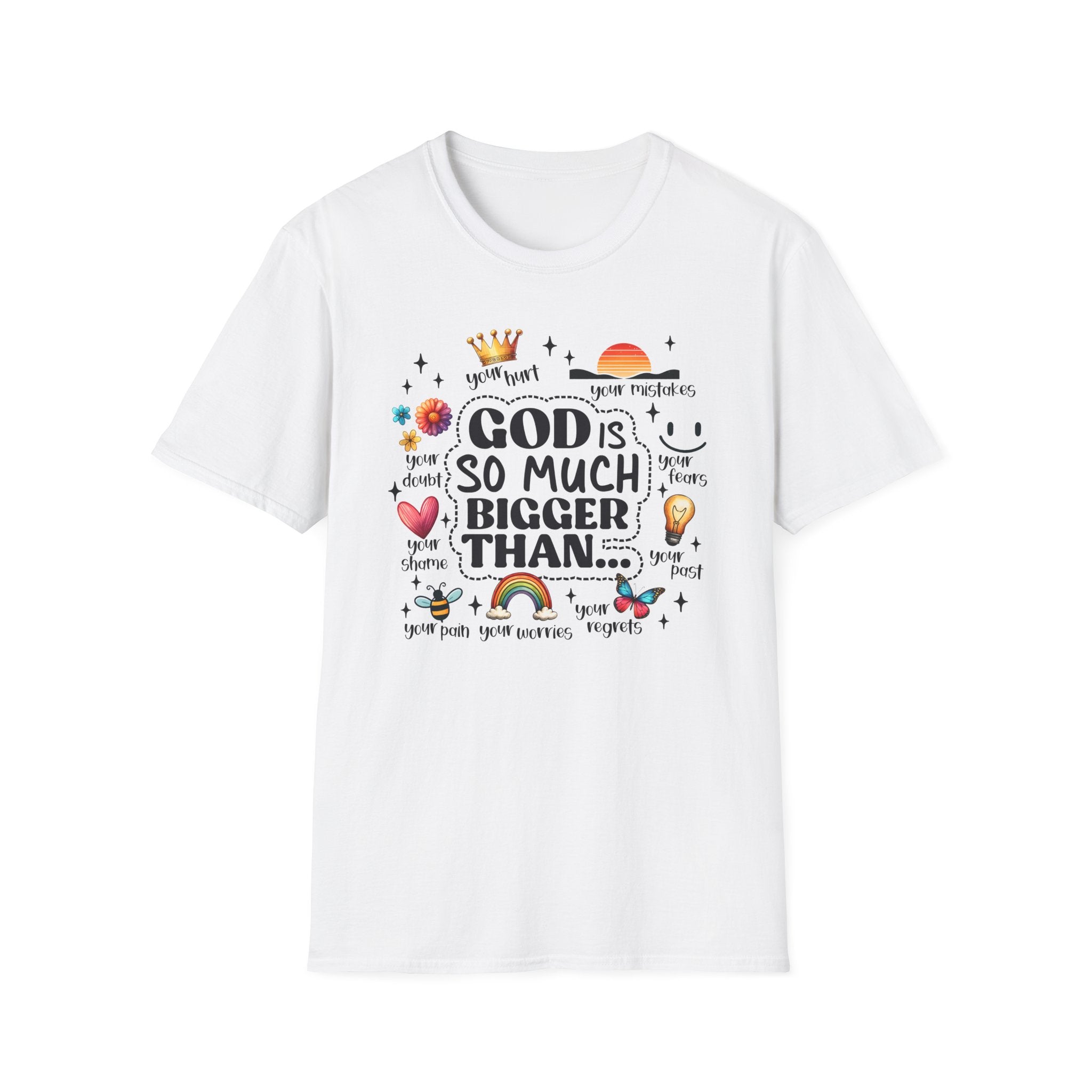 God Is So Much Bigger Than… T‑Shirt — Inspirational Christian Faith Tee with Cute Icons