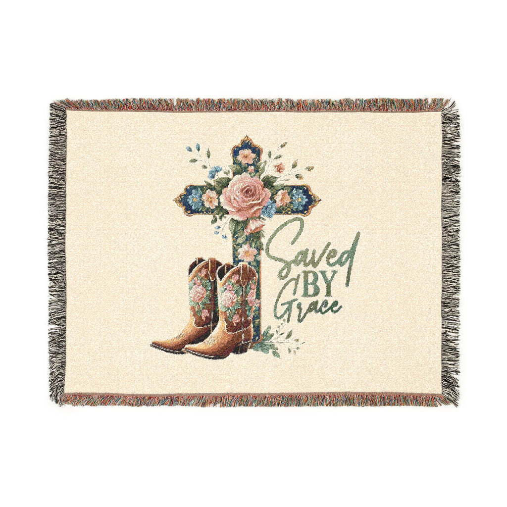 Saved By Grace Woven Blanket — Floral Cross & Cowboy Boots Throw