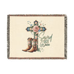 Saved By Grace Woven Blanket — Floral Cross & Cowboy Boots Throw
