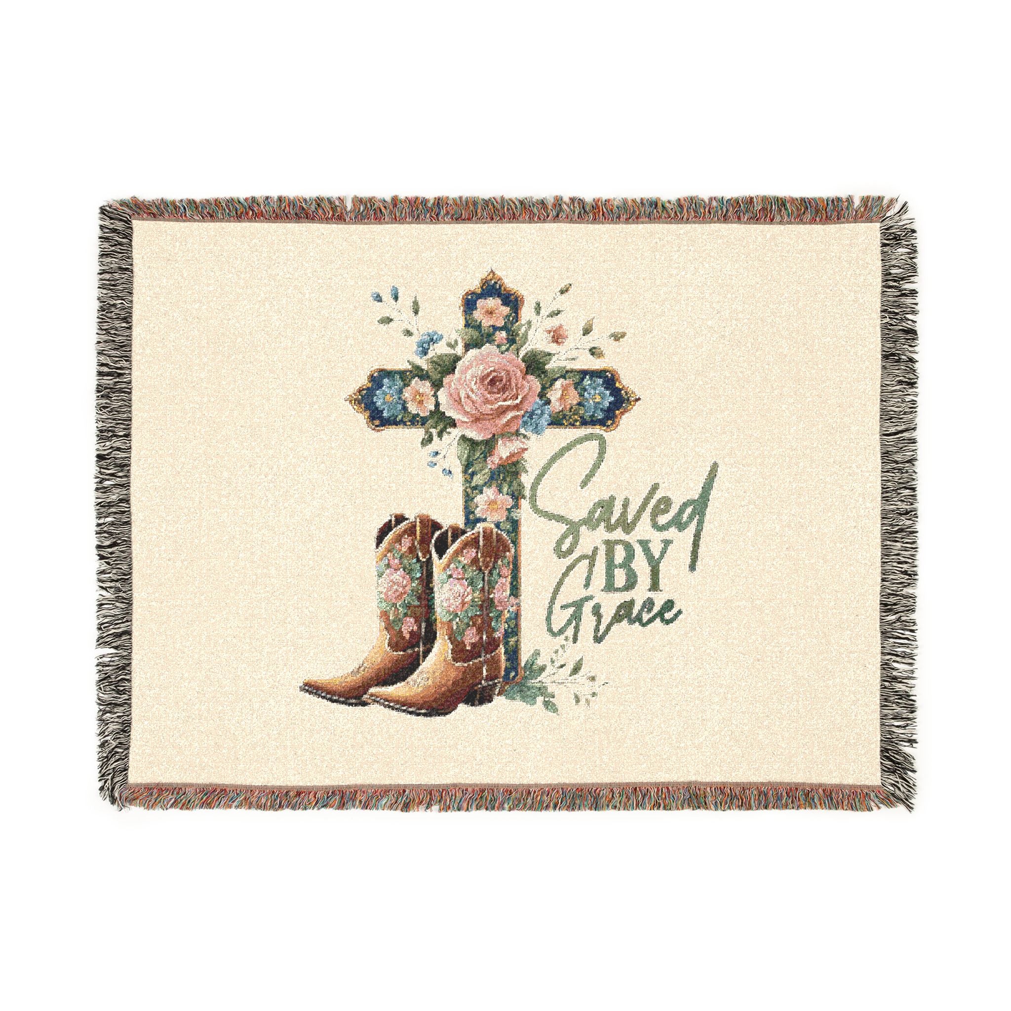 Saved By Grace Woven Blanket — Floral Cross & Cowboy Boots Throw