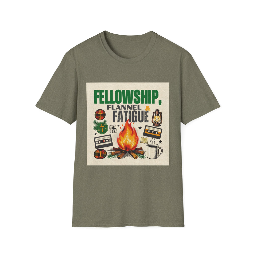 Fellowship Flannel & Fatigue T‑Shirt — Campfire Christian Retreat Tee