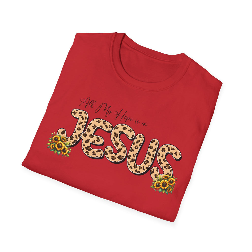 Jesus Leopard Print T-Shirt — "All My Hope Is In Jesus" Floral Faith Tee