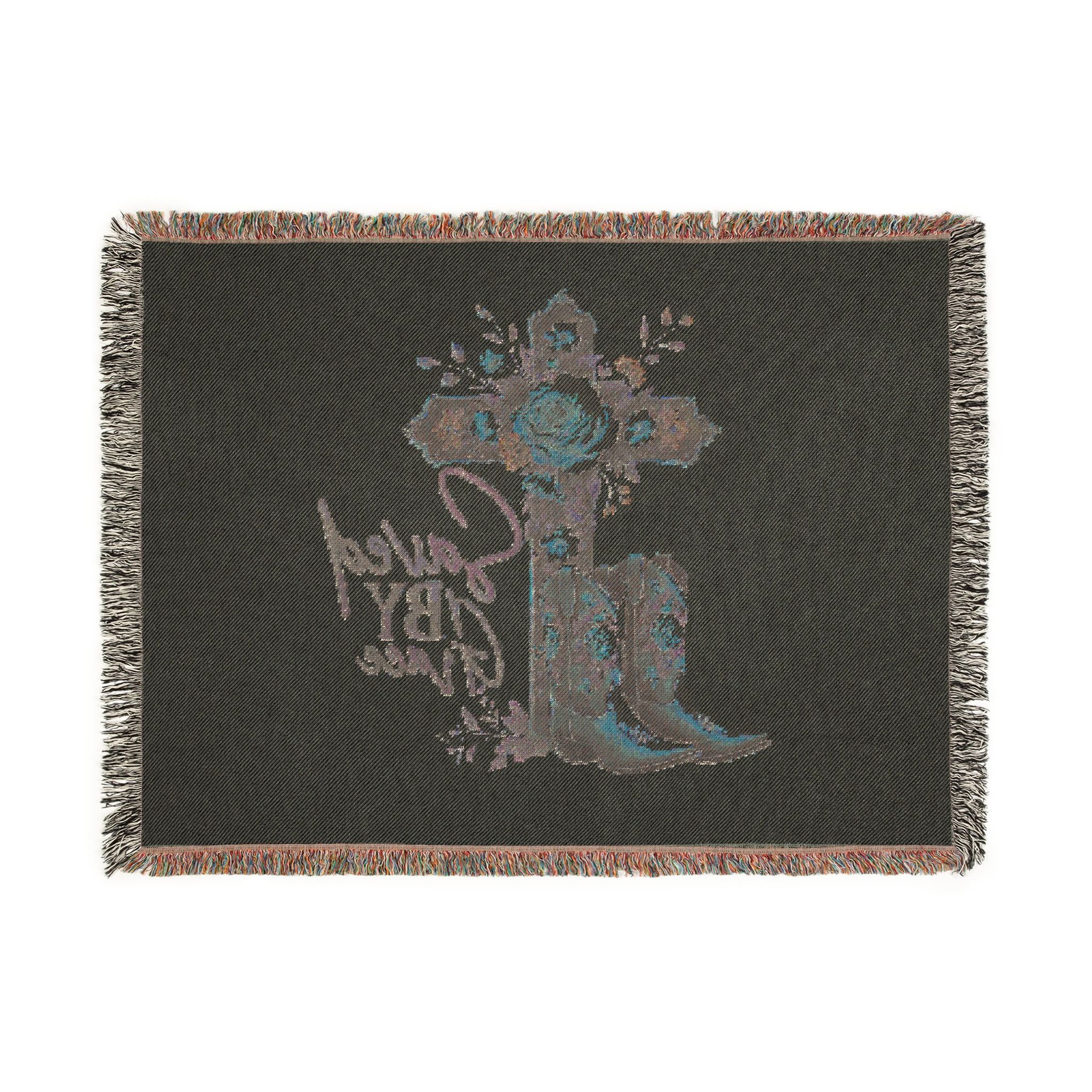 Saved By Grace Woven Blanket — Floral Cross & Cowboy Boots Throw
