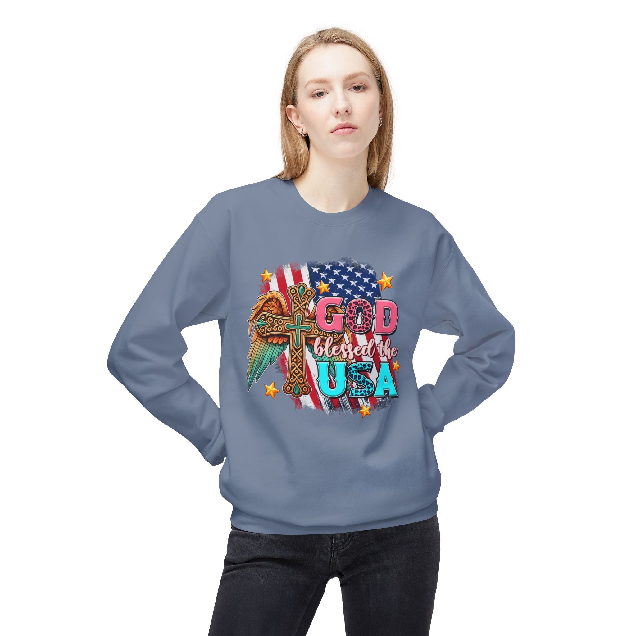 God Blessed the USA Crewneck Sweatshirt — Patriotic Christian American Flag Design