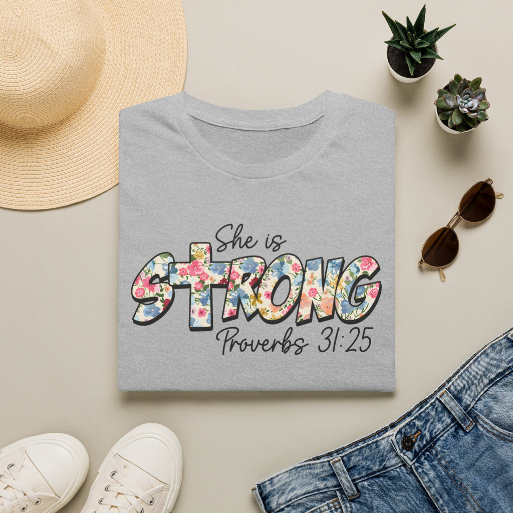 She Is Strong Floral T‑Shirt — Proverbs 31:25 Inspirational Women’s Tee