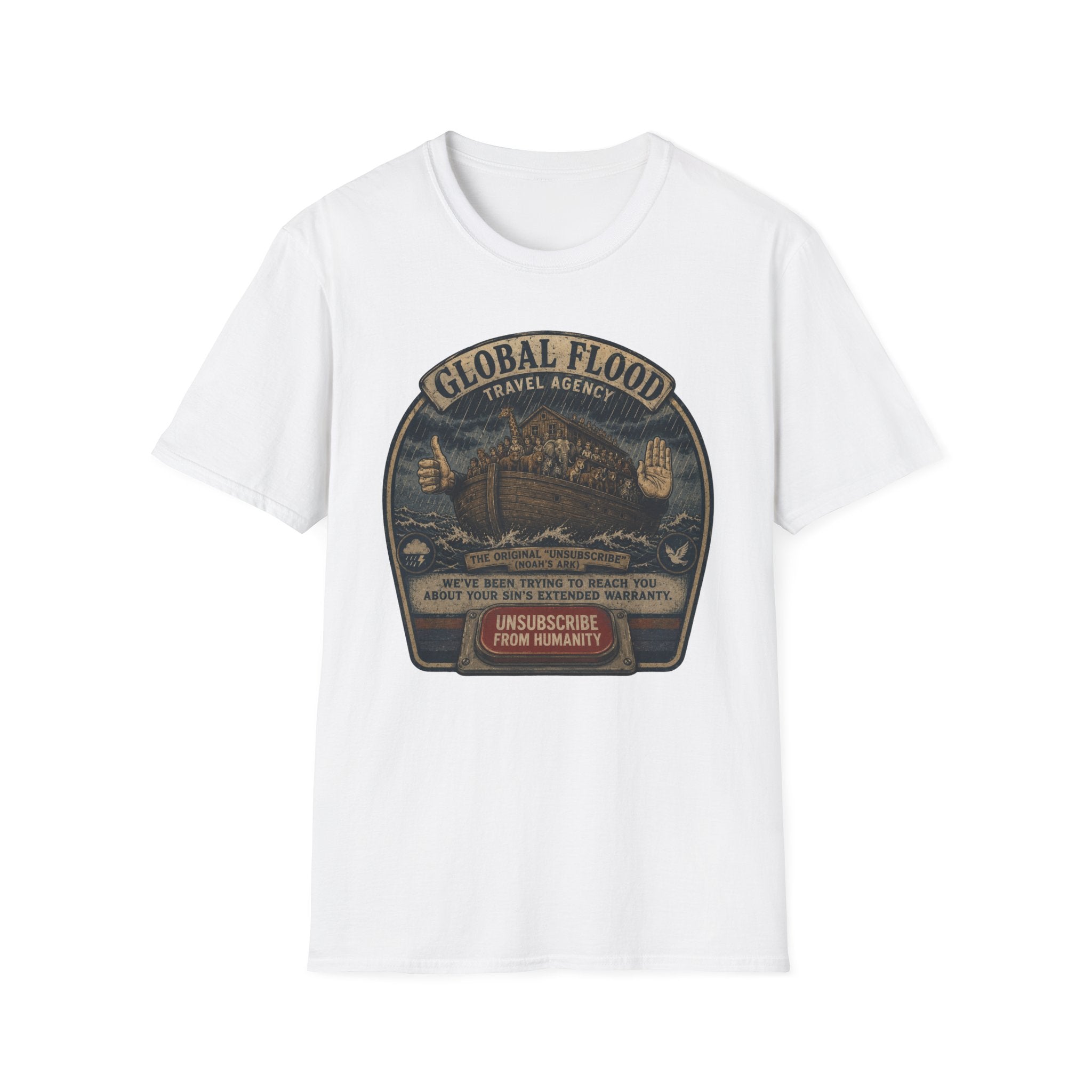 Global Flood Travel Badge T-Shirt – Vintage Ark Graphic Tee ("Unsubscribe from Humanity")