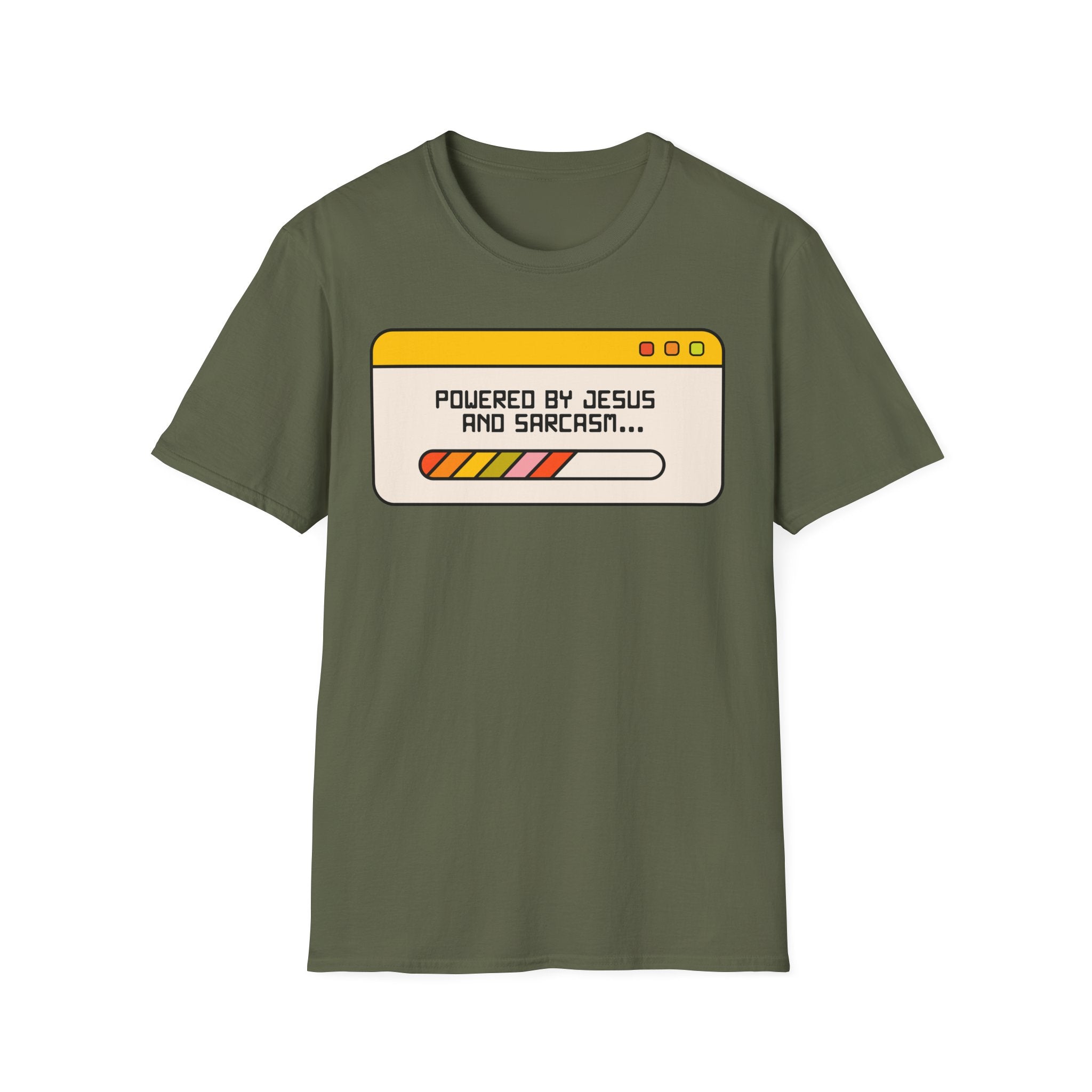 T-Shirt — "Powered by Jesus and Sarcasm" Graphic Tee