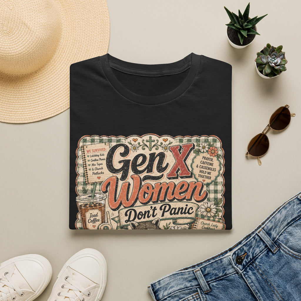 Gen X Women Don't Panic T-Shirt — Retro Raccoon Vintage Graphic Tee